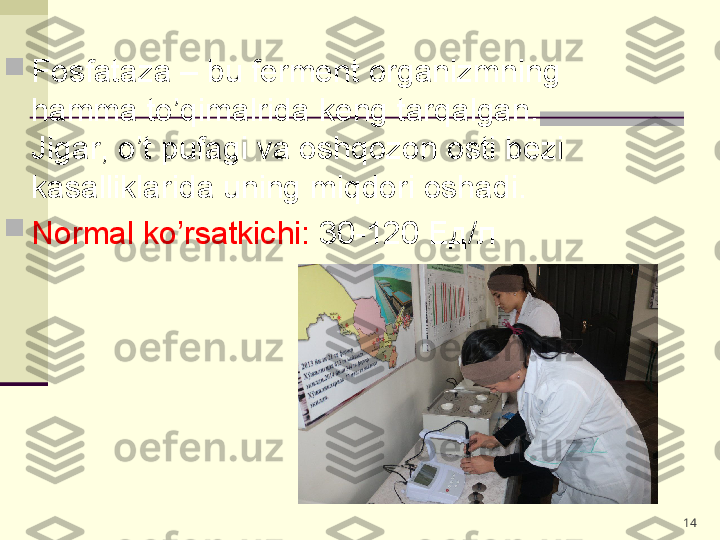 
Fosfataza – bu ferment organizmning 
hamma to’qimalrida keng tarqalgan. 
Jigar, o’t pufagi va oshqozon osti bezi 
kasalliklarida uning miqdori oshadi. 

Normal ko’rsatkichi:  30-120  Ед/л 
14 