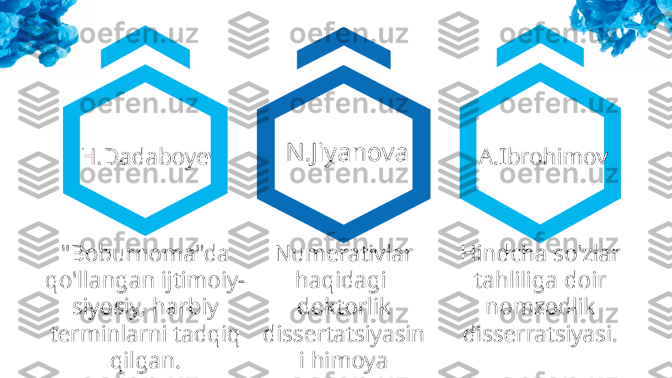 H.Dadaboyev
"Boburnoma"da 
qo'llangan ijtimoiy-
siyosiy, harbiy 
terminlarni tadqiq 
qilgan. Numerativlar 
haqidagi  
doktorlik 
dissertatsiyasin
i himoya 
qilgan.N.Jiyanova
Hindcha so'zlar 
tahliliga doir 
nomzodlik 
disserratsiyasi. A.Ibrohimov 