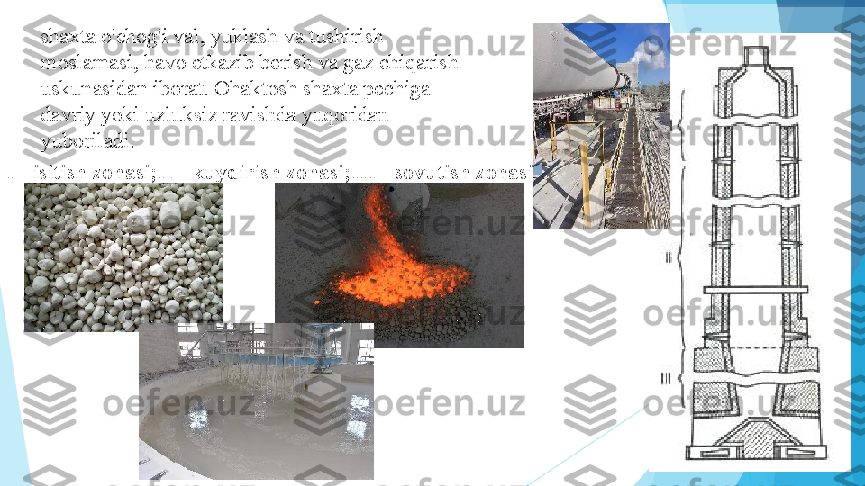 I - isitish zonasi;II - kuydirish zonasi;III - sovutish zonasi . shaxta o'chog'i val, yuklash va tushirish 
moslamasi, havo etkazib berish va gaz chiqarish 
uskunasidan iborat. Ohaktosh shaxta pechiga 
davriy yoki uzluksiz ravishda yuqoridan 
yuboriladi.          