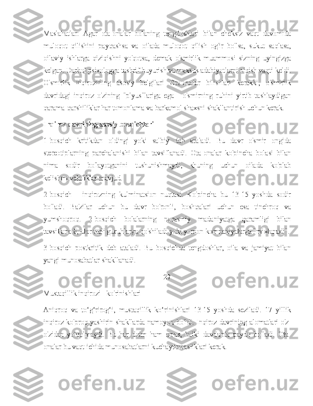 Maslahatlar:   Agar   ota-onalar   bolaning   tengdoshlari   bilan   cheksiz   vaqt   davomida
muloqot   qilishini   payqashsa   va   oilada   muloqot   qilish   og'ir   bo'lsa,   sukut   saqlasa,
oilaviy   ishlarga   qiziqishni   yo'qotsa,   demak   o'smirlik   muammosi   sizning   uyingizga
kelgan. Darhol psixologga tashrif buyurish va maxsus adabiyotlarni o'qish vaqti keldi.
O'smirlik   inqirozining   asosiy   belgilari   Ota-onalar   bilishlari   kerakki,   o'smirlik
davridagi   inqiroz   o'zining   "plyus"lariga   ega   -   o'smirning   ruhini   yirtib   tashlaydigan
qarama-qarshiliklar har tomonlama va barkamol shaxsni shakllantirish uchun kerak.
Inqiroz davrining asosiy bosqichlari
1-bosqich   kritikdan   oldingi   yoki   salbiy   deb   ataladi.   Bu   davr   o'smir   ongida
stereotiplarning   parchalanishi   bilan   tavsiflanadi.   Ota-onalar   ko'pincha   bolasi   bilan
nima   sodir   bo'layotganini   tushunishmaydi,   shuning   uchun   oilada   ko'plab
kelishmovchiliklar mavjud.
2-bosqich   -   inqirozning   kulminatsion   nuqtasi.   Ko'pincha   bu   13-15   yoshda   sodir
bo'ladi.   Ba'zilar   uchun   bu   davr   bo'ronli,   boshqalari   uchun   esa   tinchroq   va
yumshoqroq.   2-bosqich   bolalarning   norasmiy   madaniyatga   qaramligi   bilan
tavsiflanadi, ular turli guruhlarga qo'shiladi yoki yomon kompaniyalarga "mixlanadi".
3-bosqich   postkritik   deb   ataladi.   Bu   bosqichda   tengdoshlar,   oila   va   jamiyat   bilan
yangi munosabatlar shakllanadi.
27
Mustaqillik inqirozi - ko'rinishlari
Aniqroq   va   to‘g‘rirog‘i,   mustaqillik   ko‘rinishlari   13-15   yoshda   seziladi.   17   yillik
inqiroz ko'proq yashirin shakllarda namoyon bo'ldi. Inqiroz davrining alomatlari o'z-
o'zidan   yo'qolmaydi.   Bu   har   doim   ham   emas,   balki   davrlarda   paydo   bo'ladi.   Ota-
onalar bu vaqt ichida munosabatlarni kuchaytirmasliklari kerak. 