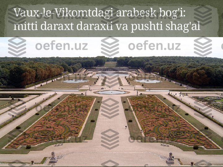 Vaux-le-Vikomtdagi arabesk bog'i: 
mitti daraxt daraxti va pushti shag'al 