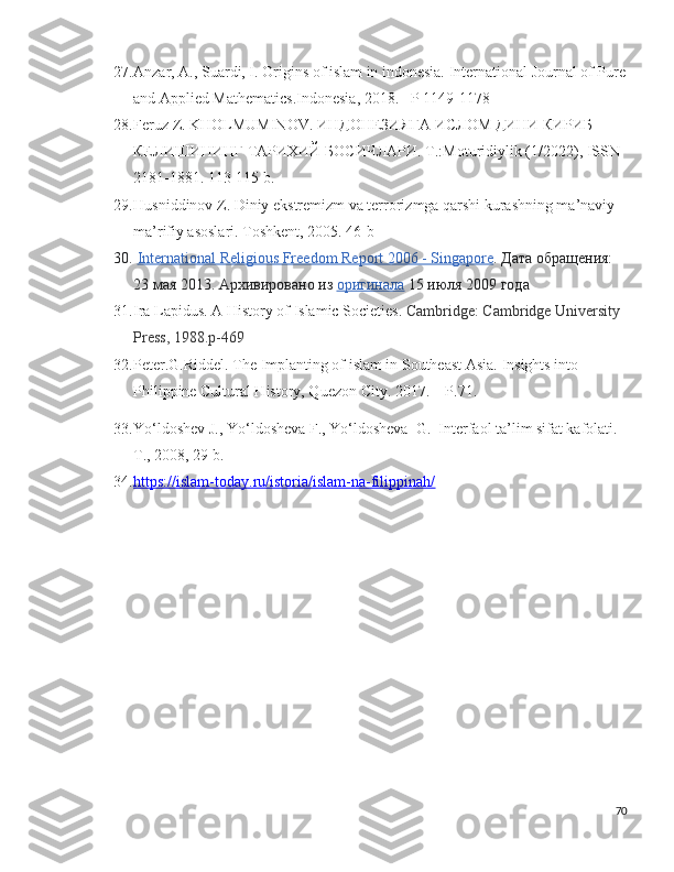 27. Anzar, A., Suardi, I. Origins of islam in indonesia. International Journal of Pure
and Applied Mathematics.Indonesia, 2018. –P 1149-1178
28. Feruz Z. KHOLMUMINOV.  ИНДОНЕЗИЯГА   ИСЛОМ   ДИНИ   КИРИБ  
КЕЛИШИНИНГ   ТАРИХИЙ   БОСИЧЛАРИ . T.:Moturidiylik (1/2022), ISSN 
2181-1881. 113-115 b.
29. Husniddinov Z. Diniy ekstremizm va terrorizmga qarshi kurashning ma’naviy-
ma’rifiy asoslari. Toshkent, 2005. 46-b
30.   International Religious Freedom Report 2006 - Singapore .   Дата обращения: 
23 мая 2013.   Архивировано из   оригинала   15 июля 2009 года
31. Ira Lapidus. A History of Islamic Societies.  Cambridge: Cambridge University 
Press, 1988.p-469
32. Peter.G.Riddel. The Implanting of islam in Southeast Asia.  Insights into 
Philippine Cultural History, Quezon City . 2017. – Р.71.
33. Yo‘ldoshev J., Yo‘ldosheva F., Yo‘ldosheva  G.   Interfaol ta’lim sifat kafolati. 
T., 2008, 29 b.
34. https://islam-today.ru/istoria/islam-na-filippinah/   
70 
