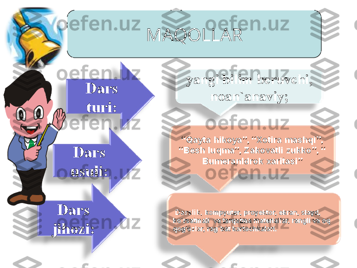 Dars 
turi:
Dars 
usuli:
Dars 
jihozi: yangi bilim beruvchi, 
noan ` anaviy;
“ Qayta hikoya ”, “ Xotira mashqi ”, 
“ Besh luqma ”,  Zakovatli zukko ”,  “  
Bumeran Idrok xaritasi ”
  Darslik, 
kompyuter, proyektor, ekran, slayd, kompyuter, proyektor, ekran, slayd, 
koko
``
rsatmali rsatmali 
  
va tarqatma materiallar, rangli va oq va tarqatma materiallar, rangli va oq 
qog‘ozlar, ragqog‘ozlar, rag
``
bat kartochkalaribat kartochkalari
..MAQOLLAR 