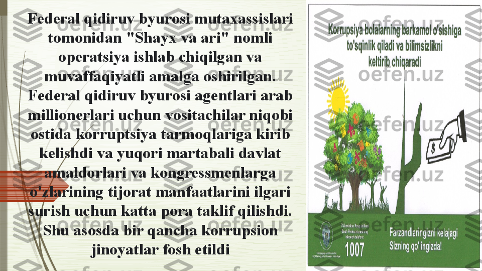 Federal qidiruv byurosi mutaxassislari 
tomonidan "Shayx va ari" nomli 
operatsiya ishlab chiqilgan va 
muvaffaqiyatli amalga oshirilgan. 
Federal qidiruv byurosi agentlari arab 
millionerlari uchun vositachilar niqobi 
ostida korruptsiya tarmoqlariga kirib 
kelishdi va yuqori martabali davlat 
amaldorlari va kongressmenlarga 
o'zlarining tijorat manfaatlarini ilgari 
surish uchun katta pora taklif qilishdi.  
Shu asosda bir qancha korrupsion 
jinoyatlar fosh etildi              