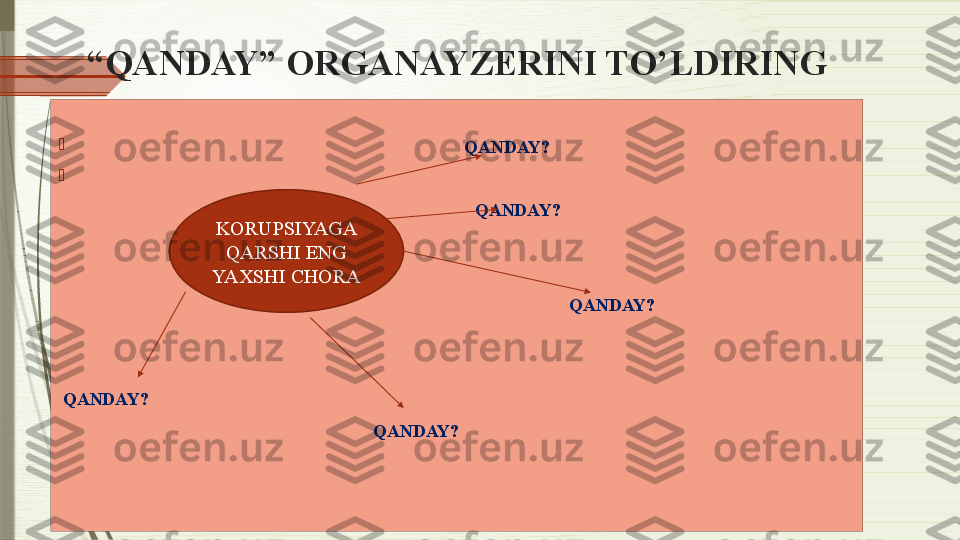 “ QANDAY” ORGANAYZERINI TO’LDIRING
                                                                                             

                                                                                  QANDAY?

  
                                                                                          QANDAY?
                                                                                                                 QANDAY?
                             
  QANDAY?
                                                                      QANDAY?
                                                                  KORUPSIYAGA 
QARSHI ENG 
YAXSHI CHORA              