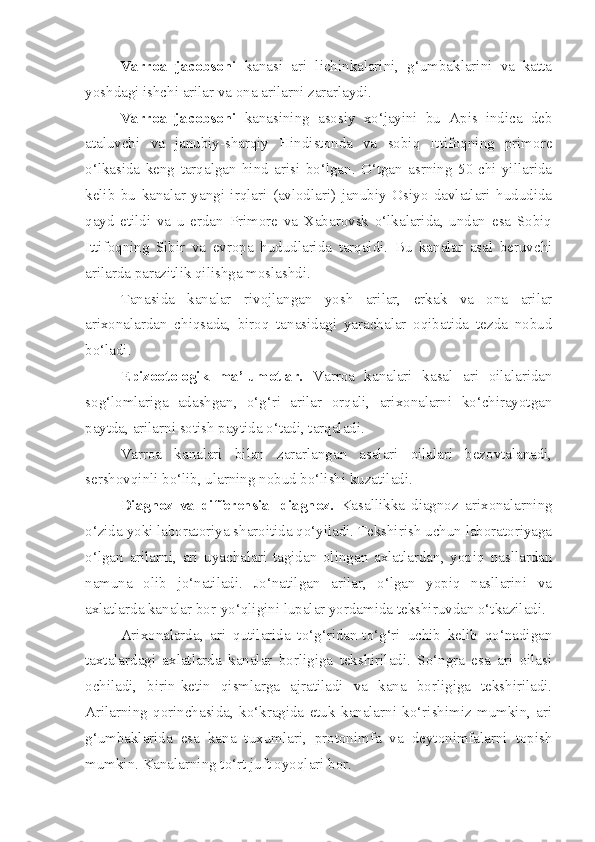 Varroa   jacobsoni   kanasi   ari   lichinkalarini,   g‘umbaklarini   va   katta
yoshdagi ishchi arilar va ona arilarni zararlaydi.
Varroa   jacobsoni   kanasining   asosiy   xo‘jayini   bu   Apis   indica   deb
ataluvchi   va   janubiy-sharqiy   Hindistonda   va   sobiq   Ittifoqning   primore
o‘lkasida   keng   tarqalgan   hind   arisi   bo‘lgan.   O‘tgan   asrning   50-chi   yillarida
kelib   bu   kanalar   yangi   irqlari   (avlodlari)   janubiy   Osiyo   davlatlari   hududida
qayd   etildi   va   u   erdan   Primore   va   Xabarovsk   o‘lkalarida,   undan   esa   Sobiq
Ittifoqning   Sibir   va   evropa   hududlarida   tarqaldi.   Bu   kanalar   asal   beruvchi
arilarda parazitlik qilishga moslashdi.
Tanasida   kanalar   rivojlangan   yosh   arilar,   erkak   va   ona   arilar
arixonalardan   chiqsada,   biroq   tanasidagi   yarachalar   oqibatida   tezda   nobud
bo‘ladi.
Epizootologik   ma’lumotlar.   Varroa   kanalari   kasal   ari   oilalaridan
sog‘lomlariga   adashgan,   o‘g‘ri   arilar   orqali,   arixonalarni   ko‘chirayotgan
paytda, arilarni sotish paytida o‘tadi, tarqaladi. 
Varroa   kanalari   bilan   zararlangan   asalari   oilalari   bezovtalanadi,
sershovqinli bo‘lib, ularning nobud bo‘lishi kuzatiladi.
Diagnoz   va   differensial   diagnoz.   Kasallikka   diagnoz   arixonalarning
o‘zida yoki laboratoriya sharoitida qo‘yiladi. Tekshirish uchun laboratoriyaga
o‘lgan   arilarni,   ari   uyachalari   tagidan   olingan   axlatlardan,   yopiq   nasllardan
namuna   olib   jo‘natiladi.   Jo‘natilgan   arilar,   o‘lgan   yopiq   nasllarini   va
axlatlarda kanalar bor-yo‘qligini lupalar yordamida tekshiruvdan o‘tkaziladi.
Arixonalarda,   ari   qutilarida   to‘g‘ridan-to‘g‘ri   uchib   kelib   qo‘nadigan
taxtalardagi   axlatlarda   kanalar   borligiga   tekshiriladi.   So‘ngra   esa   ari   oilasi
ochiladi,   birin-ketin   qismlarga   ajratiladi   va   kana   borligiga   tekshiriladi.
Arilarning   qorinchasida,   ko‘kragida   etuk   kanalarni   ko‘rishimiz   mumkin,   ari
g‘umbaklarida   esa   kana   tuxumlari,   protonimfa   va   deytonimfalarni   topish
mumkin. Kanalarning to‘rt juft oyoqlari bor. 