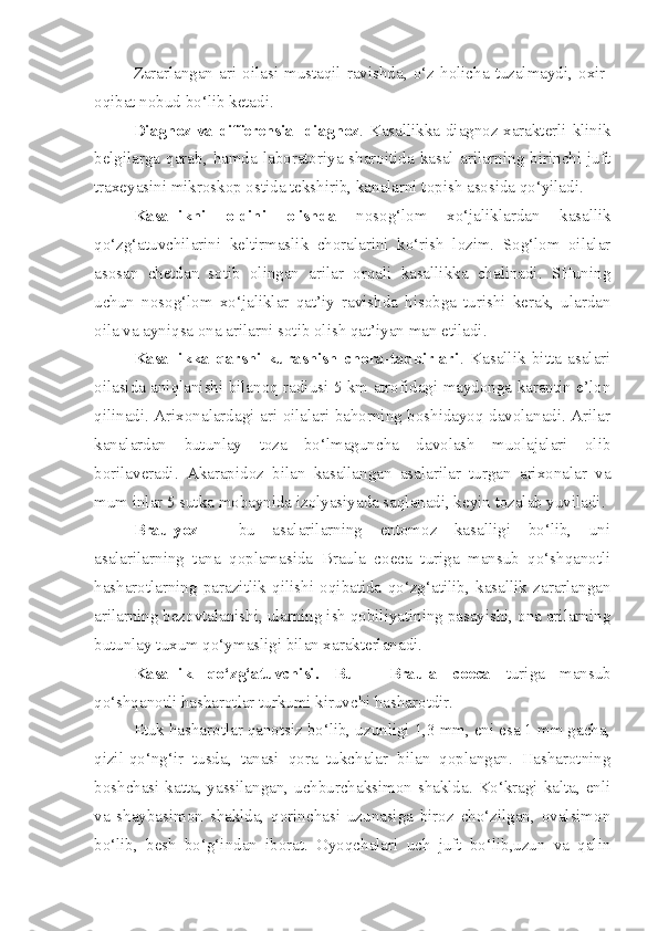 Zararlangan  ari  oilasi  mustaqil  ravishda,  o‘z  holicha  tuzalmaydi,  oxir-
oqibat nobud bo‘lib ketadi.
Diagnoz va differensial diagnoz . Kasallikka diagnoz xarakterli klinik
belgilarga  qarab,  hamda  laboratoriya  sharoitida  kasal  arilarning  birinchi  juft
traxeyasini mikroskop ostida tekshirib, kanalarni topish asosida qo‘yiladi.
Kasallikni   oldini   olishda   nosog‘lom   xo‘jaliklardan   kasallik
qo‘zg‘atuvchilarini   keltirmaslik   choralarini   ko‘rish   lozim.   Sog‘lom   oilalar
asosan   chetdan   sotib   olingan   arilar   orqali   kasallikka   chalinadi.   SHuning
uchun   nosog‘lom   xo‘jaliklar   qat’iy   ravishda   hisobga   turishi   kerak,   ulardan
oila va ayniqsa ona arilarni sotib olish qat’iyan man etiladi.
Kasallikka   qarshi   kurashish   chora-tadbirlari .   Kasallik   bitta   asalari
oilasida aniqlanishi bilanoq radiusi 5 km atrofidagi maydonga karantin e’lon
qilinadi. Arixonalardagi ari oilalari bahorning boshidayoq davolanadi. Arilar
kanalardan   butunlay   toza   bo‘lmaguncha   davolash   muolajalari   olib
borilaveradi.   Akarapidoz   bilan   kasallangan   asalarilar   turgan   arixonalar   va
mum inlar 5 sutka mobaynida izolyasiyada saqlanadi, keyin tozalab yuviladi.
Braulyoz   -   bu   asalarilarning   entomoz   kasalligi   bo‘lib,   uni
asalarilarning   tana   qoplamasida   Braula   coeca   turiga   mansub   qo‘shqanotli
hasharotlarning   parazitlik   qilishi   oqibatida   qo‘zg‘atilib,   kasallik   zararlangan
arilarning bezovtalanishi, ularning ish qobiliyatining pasayishi, ona arilarning
butunlay tuxum qo‘ymasligi bilan xarakterlanadi.
Kasallik   qo‘zg‘atuvchisi.   Bu   -   Braula   coeca   turiga   mansub
qo‘shqanotli hasharotlar turkumi kiruvchi hasharotdir.
Etuk hasharotlar qanotsiz bo‘lib, uzunligi 1,3 mm, eni esa 1 mm gacha,
qizil-qo‘ng‘ir   tusda,   tanasi   qora   tukchalar   bilan   qoplangan.   Hasharotning
boshchasi katta, yassilangan, uchburchaksimon shaklda. Ko‘kragi kalta, enli
va   shaybasimon   shaklda,   qorinchasi   uzunasiga   biroz   cho‘zilgan,   ovalsimon
bo‘lib,   besh   bo‘g‘indan   iborat.   Oyoqchalari   uch   juft   bo‘lib,uzun   va   qalin 