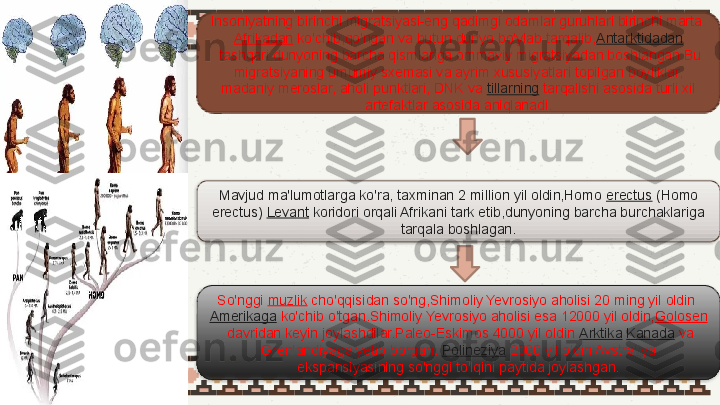 Insoniyatning birinchi migratsiyasi-eng qadimgi odamlar guruhlari birinchi marta 
Afrikadan  	
ko'chib,qo'ngan va butun dunyo bo'ylab tarqalib, Antarktidadan
 	
tashqari dunyoning barcha qismlariga ommaviy migratsiyadan boshlangan.Bu 
migratsiyaning umumiy sxemasi va ayrim xususiyatlari topilgan boyliklar, 
madaniy meroslar, aholi punktlari, DNK va	
  tillarning  	tarqalishi asosida turli xil 
artefaktlar asosida aniqlanadi.
Mavjud ma'lumotlarga ko'ra, taxminan 2 million yil oldin,Homo	
  erectus  	(Homo 
erectus)	
  Levant  	koridori orqali Afrikani tark etib,dunyoning barcha burchaklariga 
tarqala boshlagan.
So'nggi	
  muzlik  	cho'qqisidan so'ng,Shimoliy Yevrosiyo aholisi 20 ming yil oldin	 
Amerikaga  	
ko'chib o'tgan.Shimoliy Yevrosiyo aholisi esa 12000 yil oldin, Golosen
 	
davridan keyin joylashdilar.Paleo-Eskimos 4000 yil oldin	  Arktika   Kanada  	va 
Grenlandiyaga yetib borgan.	
  Polineziya  	2000 yil oldin Avstraliya 
ekspansiyasining so'nggi to'lqini paytida joylashgan.   