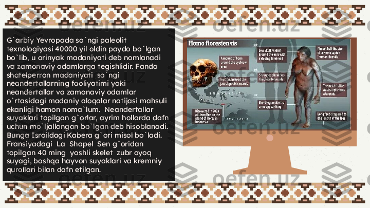 G`arbiy Yevropada so`ngi paleolit 
texnologiyasi 40000 yil oldin paydo bo`lgan 
bo`lib, u orinyak madaniyati deb nomlanadi 
va zamonaviy odamlarga tegishlidir. Fanda 
shatelperron madaniyati  so`ngi 
neandertallarning faoliyatimi yoki 
neandertallar va zamonaviy odamlar  
o`rtasidagi madaniy aloqalar natijasi mahsuli 
ekanligi hamon noma`lum.  Neandertallar 
suyaklari topilgan g`orlar, ayrim hollarda dafn 
uchun mo`ljallangan bo`lgan deb hisoblanadi. 
Bunga Isroildagi Kabera g`ori misol bo`ladi. 
Fransiyadagi  La  Shapel  Sen g`oridan 
topilgan 40 ming  yoshli skelet  zubr oyoq 
suyagi, boshqa hayvon suyaklari va kremniy 
qurollari bilan dafn etilgan. 