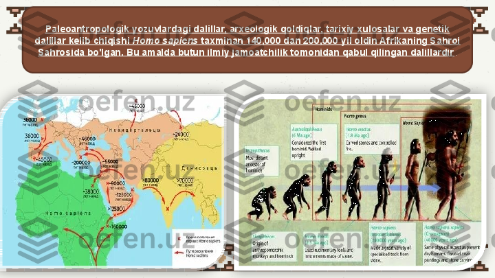 Paleoantropologik yozuvlardagi dalillar, arxeologik qoldiqlar, tarixiy xulosalar va genetik 
dalillar kelib chiqishi	  Homo sapiens  	taxminan 140,000 dan 200,000 yil oldin Afrikaning Sahroi 
Sahrosida bo'lgan. Bu amalda butun ilmiy jamoatchilik tomonidan qabul qilingan dalillardir .   