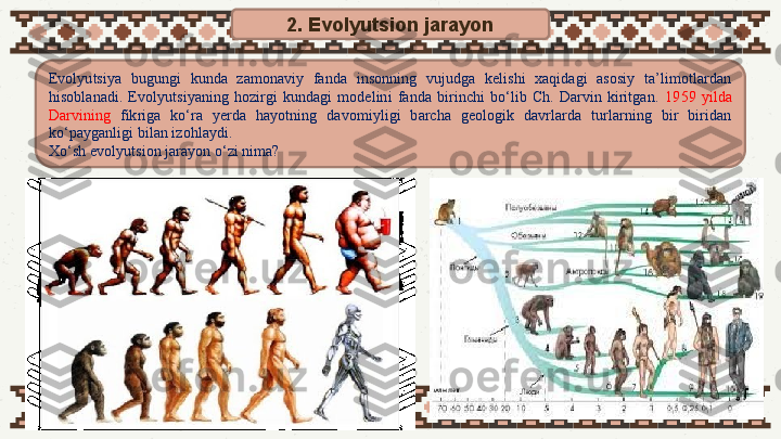 2. Evolyutsion jarayon
Evolyutsiya  bugungi  kunda  zamonaviy  fanda  insonning  vujudga  kelishi  xaqidagi  asosiy  ta’limotlardan 
hisoblanadi.  Evolyutsiyaning  hozirgi  kundagi  modelini  fanda  birinchi  bo‘lib  Ch.  Darvin  kiritgan.  1959  yilda 
Darvining  fikriga  ko‘ra  yerda  hayotning  davomiyligi  barcha  geologik  davrlarda  turlarning  bir  biridan 
ko‘payganligi bilan izohlaydi. 
Xo‘sh evolyutsion jarayon o‘zi nima?  