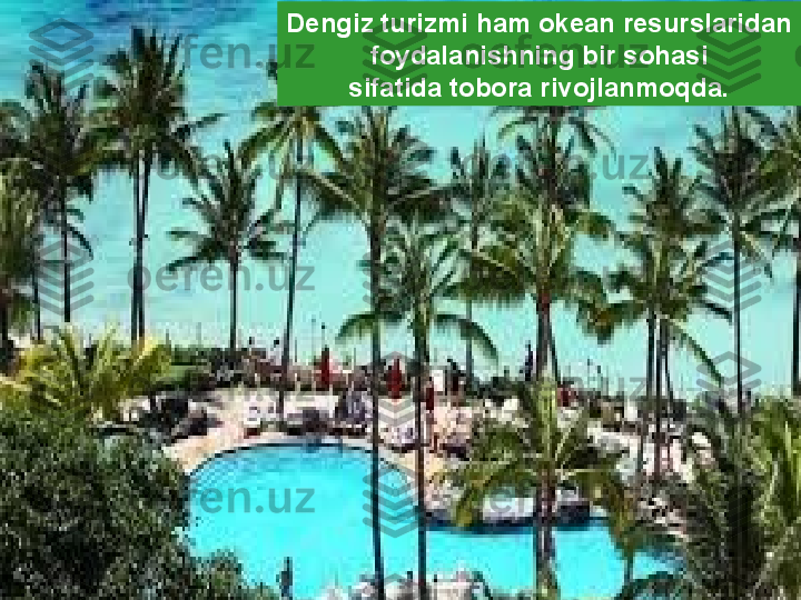 Dengiz turizmi ham okean resurslaridan foydalanishning bir sohasi 
sifatida tobora rivojlanmoqda.Undan tushgan yillik daromad 220 mlrd. 
dollarni tashkil etadi.Dengiz turizmi ham okean resurslaridan
  foydalanishning bir sohasi 
sifatida tobora rivojlanmoqda. 