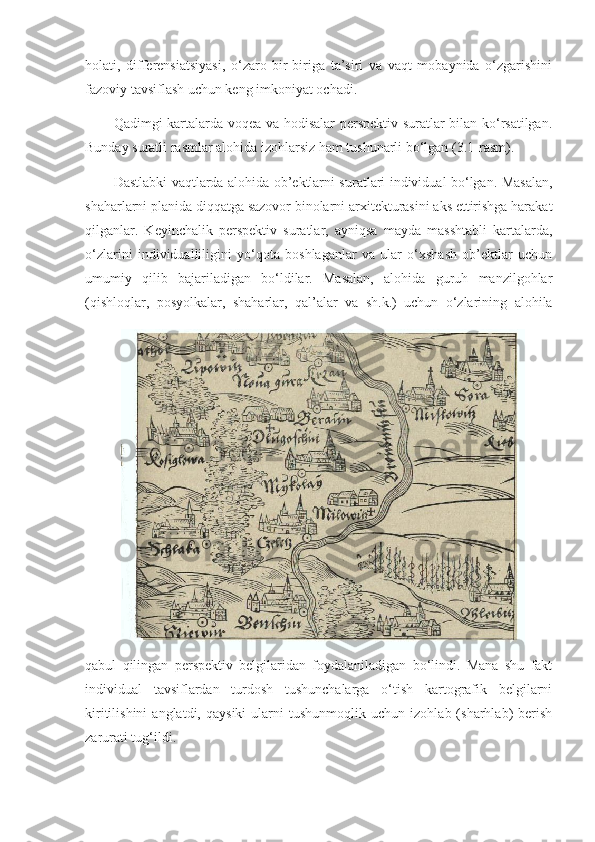 holati,   differensiatsiyasi,   o‘zaro   bir-biriga   ta’siri   va   vaqt   mobaynida   o‘zgarishini
fazoviy tavsiflash uchun keng imkoniyat ochadi.
Qadimgi kartalarda voqea va hodisalar perspektiv suratlar bilan ko‘rsatilgan.
Bunday suratli rasmlar alohida izohlarsiz ham tushunarli bo‘lgan  (3.1-rasm) . 
Dastlabki vaqtlarda alohida ob’ektlarni suratlari individual bo‘lgan. Masalan,
shaharlarni planida diqqatga sazovor binolarni arxitekturasini aks ettirishga harakat
qilganlar.   Keyinchalik   perspektiv   suratlar,   ayniqsa   mayda   masshtabli   kartalarda,
o‘zlarini   individualliligini   yo‘qota   boshlaganlar   va   ular   o‘xshash   ob’ektlar   uchun
umumiy   qilib   bajariladigan   bo‘ldilar.   Masalan,   alohida   guruh   manzilgohlar
(qishloqlar,   posyolkalar,   shaharlar,   qal’alar   va   sh.k.)   uchun   o‘zlarining   alohila
qabul   qilingan   perspektiv   belgilaridan   foydalaniladigan   bo‘lindi.   Mana   shu   fakt
individual   tavsiflardan   turdosh   tushunchalarga   o‘tish   kartografik   belgilarni
kiritilishini   anglatdi,  qaysiki   ularni   tushunmoqlik   uchun   izohlab  (sharhlab)   berish
zarurati tug‘ildi. 