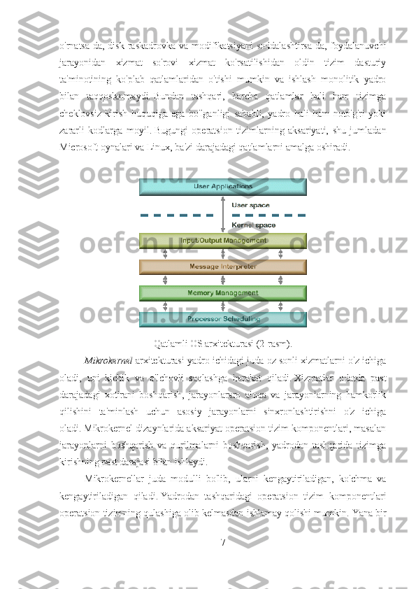 o'rnatsa-da,  disk  raskadrovka  va  modifikatsiyani  soddalashtirsa-da,  foydalanuvchi
jarayonidan   xizmat   so'rovi   xizmat   ko'rsatilishidan   oldin   tizim   dasturiy
ta'minotining   ko'plab   qatlamlaridan   o'tishi   mumkin   va   ishlash   monolitik   yadro
bilan   taqqoslanmaydi.   Bundan   tashqari,   barcha   qatlamlar   hali   ham   tizimga
cheklovsiz   kirish   huquqiga   ega   bo'lganligi   sababli,   yadro   hali   ham   noto'g'ri   yoki
zararli   kodlarga   moyil.   Bugungi   operatsion   tizimlarning   aksariyati,   shu   jumladan
Microsoft oynalari va Linux, ba'zi darajadagi qatlamlarni amalga oshiradi.
Qatlamli OS arxitekturasi (2-rasm).
Mikrokernel   arxitekturasi yadro ichidagi juda oz sonli xizmatlarni o'z ichiga
oladi,   uni   kichik   va   o'lchovli   saqlashga   harakat   qiladi.   Xizmatlar   odatda   past
darajadagi   xotirani   boshqarish,   jarayonlararo   aloqa   va   jarayonlarning   hamkorlik
qilishini   ta'minlash   uchun   asosiy   jarayonlarni   sinxronlashtirishni   o'z   ichiga
oladi.   Mikrokernel dizaynlarida aksariyat operatsion tizim komponentlari, masalan
jarayonlarni   boshqarish   va   qurilmalarni   boshqarish,   yadrodan   tashqarida   tizimga
kirishning past darajasi bilan ishlaydi.
Mikrokernellar   juda   modulli   bo'lib,   ularni   kengaytiriladigan,   ko'chma   va
kengaytiriladigan   qiladi.   Yadrodan   tashqaridagi   operatsion   tizim   komponentlari
operatsion tizimning qulashiga olib kelmasdan ishlamay qolishi mumkin.   Yana bir
7 