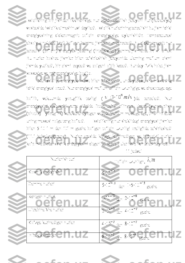 Issiqlikning   bir   jismdan   ikkinchisiga   nur   orqali   uzatilish   jarayoni   nur   (radiatsiya)
vositasida issiqlik almashinuvi deyiladi. Issiqlik nurlarining tarqalishi bu jism ichki
energiyasining   elek tromagnit   to’lqin   energiyasiga   aylanishidir.   Temperaturasi
absolyut noldan farqli bo’lgan hamma jismlar nur qarqatadi. Bu elektromagnit nur
tarqatish (to’lqin) energiyasi jadalligi (intensivligi) xamma jismlarda bir xil emas.
Bu   nurlar   boshqa   jismlar   bilan   ta’sirlashish   jarayonida   ularning   ma’lum   qismi
jismda yutiladi, bir qismi qaytadi va qolgani o’tib ketadi. Bunday fizik holat jism
xossasiga va nur energiyasiga bogliq.
Nur issiqligi energiyasi muxit bilan ta’sirlashib, unda yutilsa, shu muxitning
ichki energiyasi ortadi. Nur energiyasi ma’lum to’lqin uzunligiga va chastotaga ega
bo’lib,   vakuumda   yorug’lik   tezligi   (s=	3⋅10	8m	/s )da   tarqaladi.   Nur
energiyasini   tashuvchi   zarra   sifatida   fo ton   qabul   qilingan.   Foton   (yunon   phos
(photos) – yorug’lik) xarakatlanayotgan vaqtda ma’lum massaga ega, tinch holatda
uning massasi nolga teng bo’ladi. Issiqlikning nur shaklidagi energiyasi jismlar
bilan   5-10 -14
  m   dan   10 4
  m   gacha   bo’lgan   to’lqin   uzunligi   oralig’ida   ta’sirlashadi
(11.1-jadvalga qarang). Nurlar   orasida   ko’zga   ko’rinadigan   va   infraqizil   nurlar
ko’p miqdorda issiqlik energiyasini eltganligi sababli ular issiqlik nurlari deyiladi.
11 -jadval
Nurlanish turi
T o’lqin  uzunlign, 	
λ,m
Kosmik nurlanish 	
5⋅10	−14
Gamma nurlari 	
5⋅10	−13
 dan 	1⋅5⋅10	−13 gacha
Rentgen nurlari 	
1⋅10	−12
dan 	2⋅10	−8  gacha
Ultrabinafsha nurlar 	
2⋅10	−3
dan 	4⋅10	−7  gacha
K o’ zga kurinadigan nurlar 	
4⋅10	−7
dan 	8⋅10	−7  gacha
Infrakizil nurlar 	
8⋅10	−7
dan 	8⋅10	−4  gacha 