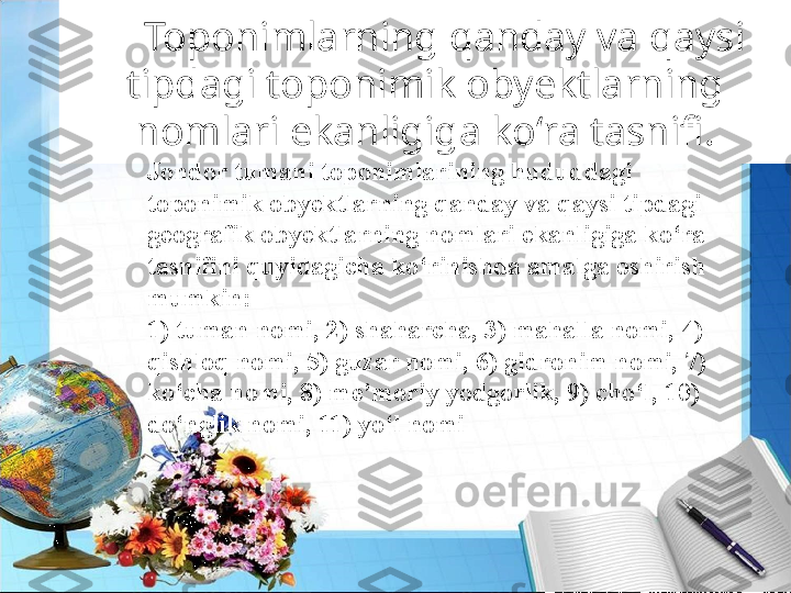 Toponimlarning qanday va qaysi 
tipdagi toponimik obyektlarning 
nomlari ekanligiga ko‘ra tasnifi.
Jondor tumani toponimlarining hududdagi 
toponimik obyektlarning qanday va qaysi tipdagi 
geografik obyektlarning nomlari ekanligiga ko‘ra 
tasnifini quyidagicha ko‘rinishda amalga oshirish 
mumkin:
1) tuman nomi, 2) shaharcha, 3) mahalla nomi, 4) 
qishloq nomi, 5) guzar nomi, 6) gidronim nomi, 7) 
ko‘cha nomi, 8) me’moriy yodgorlik, 9) cho‘l, 10) 
do‘nglik nomi, 11) yo‘l nomi 