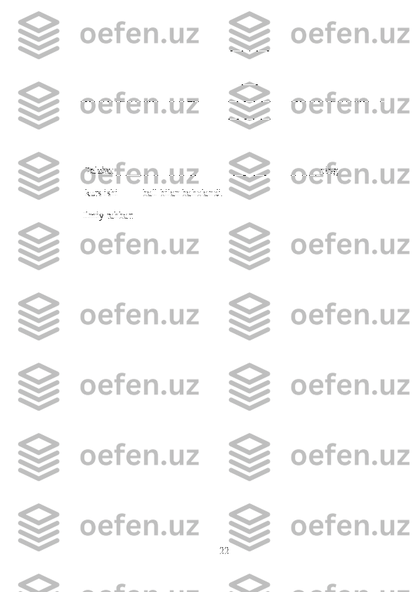 __________________________________________________________________
__________________________________________________________________
__________________________________________________________________
__________________________________________________________________
__________________________________________________________________
__________________________________________________________________
_____                                     
Talaba:__________________________________________ning 
kurs ishi_____ball bilan baholandi.
Ilmiy rahbar:                                                          __________________
22 
