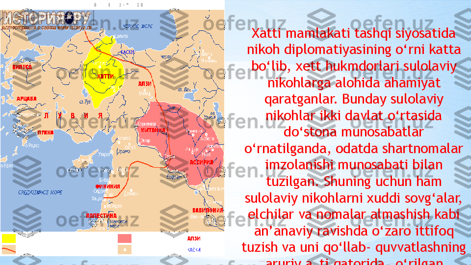 Xatti mamlakati tashqi siyosatida 
nikoh diplomatiyasining o‘rni katta 
bo‘lib, xett hukmdorlari sulolaviy 
nikohlarga alohida ahamiyat 
qaratganlar. Bunday sulolaviy 
nikohlar ikki davlat o‘rtasida 
do‘stona munosabatlar 
o‘rnatilganda, odatda shartnomalar 
imzolanishi munosabati bilan 
tuzilgan. Shuning uchun ham 
sulolaviy nikohlarni xuddi sovg‘alar, 
elchilar va nomalar almashish kabi 
an’anaviy ravishda o‘zaro ittifoq 
tuzish va uni qo‘llab- quvvatlashning 
zaruriy akti qatorida ko‘rilgan .  