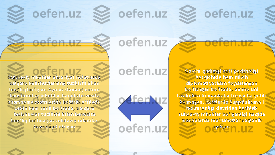 Sulolaviy nikohlar aksariyat holatlarda 
xalqaro kelishuvlarning tuzilishi bilan 
bog‘liq bo‘lgan. Aynan shuning uchun 
ham bunday nikohlar haqida bevosita 
shartnoma matnlarida keltirib o‘tiladi. 
Lekin kam sonli bo‘lsada, xalqaro 
kelishuvlar tuzilishi bilan bevosita 
bog‘liq bo‘lmagan sulolaviy nikohlar 
ham qayd etilgan Garchi qadimgi xett podsholigi 
bosqichida ham nikoh 
diplomatiyasidan foydalangan 
bo‘lishgan bo‘lsada, ammo uni 
tasdiqlovchi manbalar bizgacha yetib 
kelmagan. Xettlarda Suppiluliuma I 
hukmronligi davridan boshlab 
sulolaviy nikohlar bo‘lganligi haqida 
manbalarda ma’lumotlar saqlanib 
qolgan 