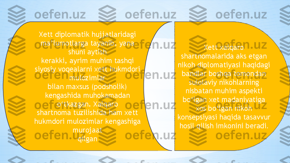 Xett diplomatik hujjatlaridagi 
ma’lumotlarga tayanib, yana 
shuni aytish
kerakki, ayrim muhim tashqi 
siyosiy voqealarni xett hukmdori 
mulozimlar
bilan maxsus (podsholik) 
kengashida muhokamadan 
o‘tkazgan. Xalqaro
shartnoma tuzilishida ham xett 
hukmdori mulozimlar kengashiga 
murojaat
qilgan Xett xalqaro 
shartnomalarida aks etgan 
nikoh diplomatiyasi haqidagi 
bandlar boshqa tomondan 
sulolaviy nikohlarning 
nisbatan muhim aspekti 
bo‘lgan xet madaniyatiga 
xos bo‘lgan nikoh 
konsepsiyasi haqida tasavvur 
hosil qilish imkonini beradi . 