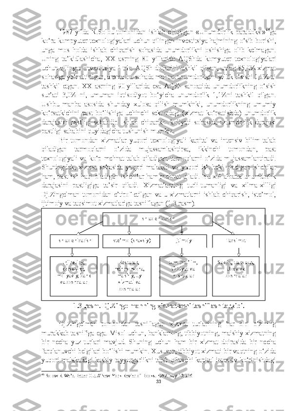 1987   yilda   R.Solou   tomonidan   ishlab   chiqilgan   «Unumdorlik   paradoksi» 46
ga
ko‘ra kompyuter texnologiyalari uchun qilingan investitsiya hajmining o‘sib borishi,
unga   mos   holda   ishlab   chiqarish   sohasida   unumdorlikni   oshishiga   olib   kelmagan.
Uning   ta’kidlashicha,   XX   asrning   80   yillarida   AQShda   komyuter   texnologiyalari
uchun qilingan investitsiya 1 trln. AQSh dollarini tashkil qilgan, uning 85,0% xizmat
sohasiga yo‘naltirilgan, ammo bu sohada mehnat unumdorligini yillik o‘sishi 1,0% ni
tashkil   etgan.   XX   asrning   90-yillarida   esa   AQSh   sanoatida   unumdorlikning   o‘sish
sur’ati   3,0%   ni,   umuman   iqtisodiyot   bo‘yicha   unumdorlik   1,1%ni   tashkil   qilgan.
Ushbu   manba   asosida   shunday   xulosa   qilish   mumkinki,   unumdorlikning   umumiy
ko‘rsatkichini   past   bo‘lishiga   uchinchi   sektordagi   (xizmat   ko‘rsatishda)   unumdorlik
darajasini   pastligi   sababdir.   Ishlab   chiqarish   faoliyati   sohasida   unumdorlik   darajasi
pastligi sababini quyidagicha tushunish mumkin. 
Bir   tomondan   xizmatlar   yuqori   texnologiyali   kapital   va   intensiv   bilim   talab
qiladigan   tarmoqlarni   o‘zida   mujassamlashtirsa,   ikkinchi   tomondan,   past
texnologiyali   va   ko‘p   mehnat   talab   qiladigan   tarmoqlarni   o‘zida   mujassamlantiradi.
Shuningdek,   xizmat   sohasida   yuqori   malakali   va   yuqori   ish   haki   oladigan   ishchilar
ham, past  ish haqi oladigan ishchilar ham mehnat qiladi. Bu xol albatta unumdorlik
darajasini   pastligiga   ta’sir   qiladi.   Xizmatlarning   turli-tumanligi   va   xilma-xilligi
Dj.Zingelman   tomonidan   e’tirof   etilgan   va   u   xizmatlarni   ishlab   chiqarish,   iste’mol,
ijtimoiy va taqsimot xizmatlariga tasniflagan (1.3-rasm).
1.3-rasm. Dj.Zingelmanning xizmatlarni tasniflash tarkibi.
Dj.Zingelman   tomonidan   tasniflagan   xizmat   turlarining   har   biri   o‘zining
murakkab tasnifiga ega. Misol uchun, banklarning, tibbiyotning, maishiy xizmatning
bir   necha   yuz   turlari   mavjud.   Shuning   uchun   ham   bir   xizmat   doirasida   bir   necha
farqlanuvchi belgilari bo‘lishi mumkin. Xususan, tibbiyot xizmati bir vaqtning o‘zida
yuqori malakadagi kasbiy tayyorgarlikni talab qiluvchi kapital intensiv ko‘rinishdagi
46
 Solow R We’d Better Out // New York Revier of Books. 1987. July 12-p36
33Ishlab chiqarish
Ishlab chiqarish Iste’mol  ( shaxsiy ) Ijtimoiy Taqsimot
Injinering, 
konsalting, 
moliyaviy, bank 
va boshqalar Restoran, 
mehmonxona, 
maishiy, uy 
xizmati va 
boshqalar Umumta’lim, 
tibbiyot va 
boshqalar Savdo, transport, 
aloqa va 
boshqalar 