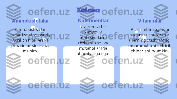 Xulosa
Aminokislotalar
Ami nok islot al ar 
organizm ning asosiy  
qurili sh blok lari v a 
prot einl ar sint ezi da 
muhim. Kofermentlar
Koferment lar 
k imy ov iy  
reak t siy alarni 
t ezlasht i radi v a 
met abolizmda 
ahami y at ga ega. Vitaminlar
Vit aminl ar sog'liqni 
saqlash uchun zarur, 
ularning et ishmasligi 
muammolarni k elt iri b 
chiqarishi  mumk in. 