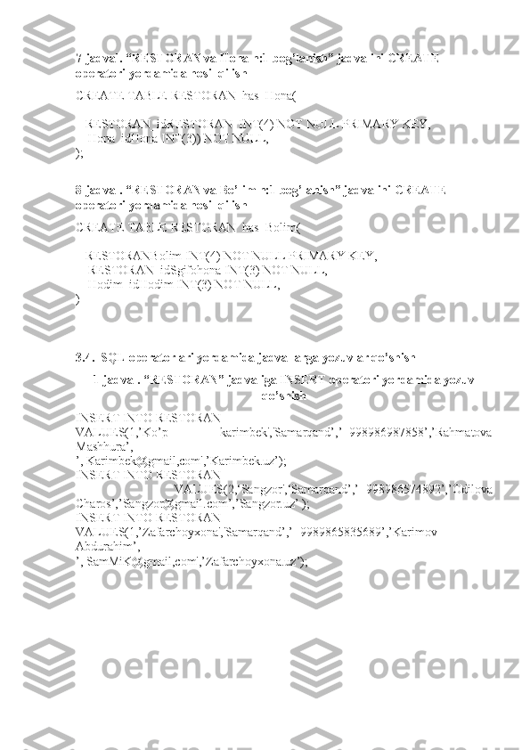 7-jadval. “RESTORAN va Hona n:1 bog’lanish” jadvalini CREATE 
operatori yordamida hosil qilish
CREATE TABLE RESTORAN_has_Hona(
    RESTORAN_idRESTORAN  INT(4) NOT NULL PRIMARY KEY,
     Hona_idHona INT(3)) NOT NULL,    
);
8-jadval. “RESTORAN va Bo’lim n:1 bog’lanish” jadvalini CREATE 
operatori yordamida hosil qilish
CREATE TABLE RESTORAN_has_Bolim(
    RESTORANBolim INT(4) NOT NULL PRIMARY KEY,
     RESTORAN_idSgifohona INT(3) NOT NULL,  
     Hodim_idHodim INT(3) NOT NULL,  
)
3.4.  SQL operatorlari yordamida jadvallarga yozuvlar qo’shish
1-jadval. “RESTORAN” jadvaliga INSERT operatori yordamida yozuv
qo’shish
INSERT INTO RESTORAN
VALUES(1,’Ko’p   karimbek','Samarqand’,’+998986987858’,’Rahmatova
Mashhura’,
’, Karimbek@gmail,com',’Karimbek.uz’);
INSERT INTO RESTORAN
  VALUES(2,‘Sangzor',‘Samarqand’,’+998986574892’,’Odilova
Charos’,’Sangzor@gmail.com’,’Sangzor.uz’ );
INSERT INTO RESTORAN
VALUES(1,’Zafarchoyxona','Samarqand’,’+9989865835689’,’Karimov
Abdurahim’,
’, SamMiK@gmail,com',’Zafarchoyxona.uz’); 