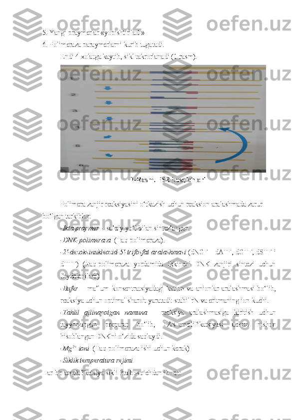 5. Yangi praymerlar «yopishtiriladi» 
6. Polimeraza paraymerlarni kurib tugatadi.
Endi 4 xolatga kaytib, sikl takrorlanadi (1-rasm).
1-Rasm.   PSR bosqichlari
Polimera zanjir reaksiyasini o‘tkazish uchun reaksion aralashmada zarur 
bo‘lgan tarkiblar:
-Ikta praymer  –  su’niy yo‘l bilan sintezlangan. 
-DNK-polimeraza   (Taq-polimeraza).
-2'-dezoksinukleozid-5'-trifosfat aralashmasi   (dNGF - dATF, dGTF, dSTF i
dTTF)   (Taq-polimeraza   yordamida   ikkinchi   DNK   zanjiri   sintezi   uchun
foydalaniladi)
-Bufer   –   ma’lum   konsentratsiyadagi   kation   va   anionlar   aralashmasi   bo‘lib,
reaksiya uchun optimal sharoit yaratadi: stabil  rN  va eritmaning ion kuchi. 
- Tahlil   qilinayotgan   namuna   –   reaksiya   aralashmasiga   kiritish   uchun
tayyorlangan   preparat   bo‘lib,   PZR-amplifikatsi yasi   uchun   nishon
hisoblangan DNKni o‘zida saqlaydi. 
-Mg 2+
  i on i   (Taq-polimeraz a ishi uchun kerak)
- Siklik temperatura rejimi 
Har bir amplifikatsiya sikli 3ta bosqichdan iborat: 