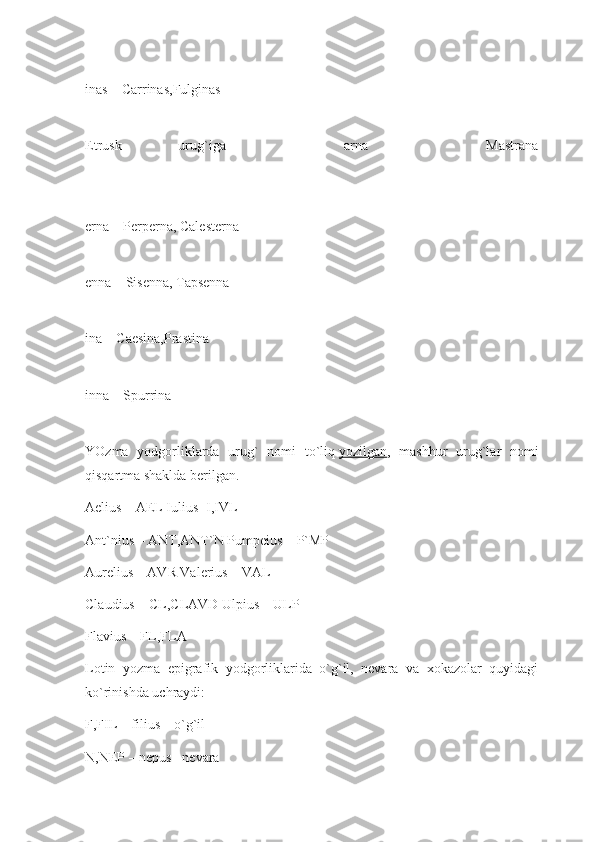 inas – Carrinas,Fulginas
Etrusk   urug`iga   -   arna   -   Mastrana
erna – Perperna, Calesterna
enna – Sisenna, Tapsenna
ina – Caesina,Prastina
inna – Spurrina
YOzma   yodgorliklarda   urug`   nomi   to`liq   yozilgan ,   mashhur   urug`lar   nomi
qisqartma shaklda berilgan.
Aelius – AEL Iulius- I,IVL
Ant`nius – ANT,ANT`N Pumpeius – P`MP
Aurelius – AVR Valerius – VAL
Claudius – CL,CLAVD Ulpius – ULP
Flavius – FL,FLA
Lotin   yozma   epigrafik   yodgorliklarida   o`g`il,   nevara   va   xokazolar   quyidagi
ko`rinishda uchraydi:
F,FIL – filius – o`g`il
N,NEP – nepus –nevara 