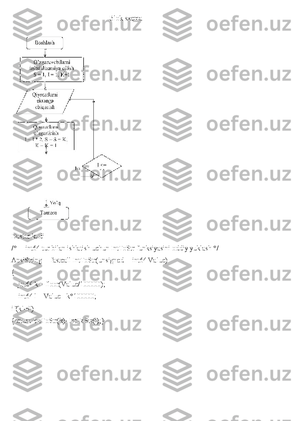                                                         Blok sxema
Dastur kodi
/* __int64 tur bilan ishlatish uchun IntToStr funksiyasini oddiy yuklash */
AnsiString __fastcall IntToStr(unsigned __int64 Value)
{
__int64 k = floor(Value/100000);
__int64 l = Value - k*100000;
if(k!=0)
{return IntToStr(k)+IntToStr(l);} 