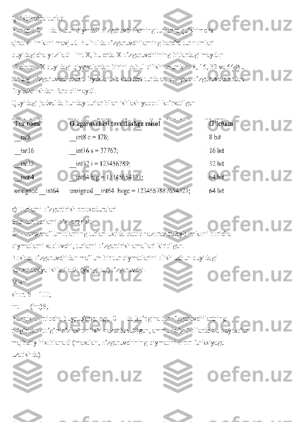 Qo’shimcha turlar
Borland C++ da butun qiymatli o’zgaruvchilarning turlarini qo’shimcha
ajratish imkoni mavjud. Bu holda o’zgaruvchilarning barcha tur nomlari
quyidagicha yoziladi - int X, bu erda X o’zgaruvchiining bitlardagi maydon
o’lchami. X quyidagi qiymatlardan birini qabul qilishi mumkin: 8, 16, 32 va 64 Bu
turdagi o’zgaruvchilardan foydalanish standart turda aniqlangan o’zgaruvchilardan
foydalanishdan farq qilmaydi.
Quyidagi jadvalda bunday turlar bilan ishlash yaqqol ko’rsatilgan
c) Turlarni o’zgartirish protseduralari
Standart turlarni o’zgartirish
C++ ning ma’lumotlarning turlari ustida qattiq nazorati tufayli imkoni boricha
qiymatlarni saqlovchi, turlarni o’zgartirish amallari kiritilgan.
Boshqa o’zgaruvchidan ma’lum bir tur qiymatlarini olish uchun quyidagi
konstruksiya ishlatiladi: (yangi tur)o’zgaruvchi.
Misol:
short S = 100;
int I = (int)S;
Bu misol ortiqcha buyruqlarga ega. C++ da ko’pgina tur o’zgaruvchilarining
to’g’ridan-to’g’ri o’zlashtirilishi nazarda tutilgan, ammo ba’zi hollarda bu buyruqlar
majburiy hisoblanadi (masalan, o’zgaruvchining qiymatini biror funksiyaga
uzatishda). 