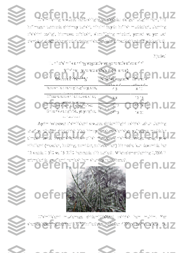 O‘simlikning   sovuqqa   bardoshligini   aniqlashda:   ekilgan   urug‘ni   nam,   iliq
bo‘lmagan  tuproqda chirimay turishi,  niholni  paydo  bo‘lish  muddatlari, ularning
o‘sishini   tezligi,   biomassa   to‘plashi,   xlorofillning   miqdori,   yerosti   va   yer   usti
qismidagi  elektrolitlar miqdorlarining nisbatlari kabi ko‘rsatkichlardan  foydalaniladi.
3-jadval
Turli   o‘simliklarning   vegetativ   va   generativ   a’zolarini
Minimal   haroratda   o‘sishi ( 0
S   larda)
Sovuqqa   chidamliligi Niholi   va   vegetativ
a’zolari Generativ  
a’zolari
Bardoshlilar: bahorgibug‘doy, arpa,
suli, qandlavlagi 4-5 8-10
O‘rtachabardoshlilar: dukkaklilar,
kungaboqar 7-8 12-15
Bardoshikamlar: soya, no‘xat 11-13 15-18
Chidamsizlar: g‘o‘za, yeryong‘oq,
polizekinlari 14-15 18-20
Ayrim   issiqsevar   o‘simliklarni   sovuqqa   chidamliligini   oshirish   uchun   ularning
urug‘   va   nihollari   chiniqtirish   bilan   himoyalanish- moslanishga   yo‘nalgan   moddalar
almashinuvida   o‘zgarishlar   hosil   qilish   mumkin.   Unishni   boshlagan   urug‘   yoki
nihollarni (masalan,   bodring, pomidor, polizekinlari) bir   necha   kun   davomida   har
12 soatda 0-5 0
С   va 15-20 0
С   haroratda   olib   turiladi. Mikroelementlarning 0,25% li
eritmalarida   urug‘larni   namlash   ham   shunday   natija   beradi.
O‘simliklarni   muzlamaga   chidamliliklarini   oshirish   ham   muhim.   Ye r
sharida   havoning   harorati   -20 0
С   bo‘ladigan   hududlar   42%   ni   tashkil   qiladi.   Bu 