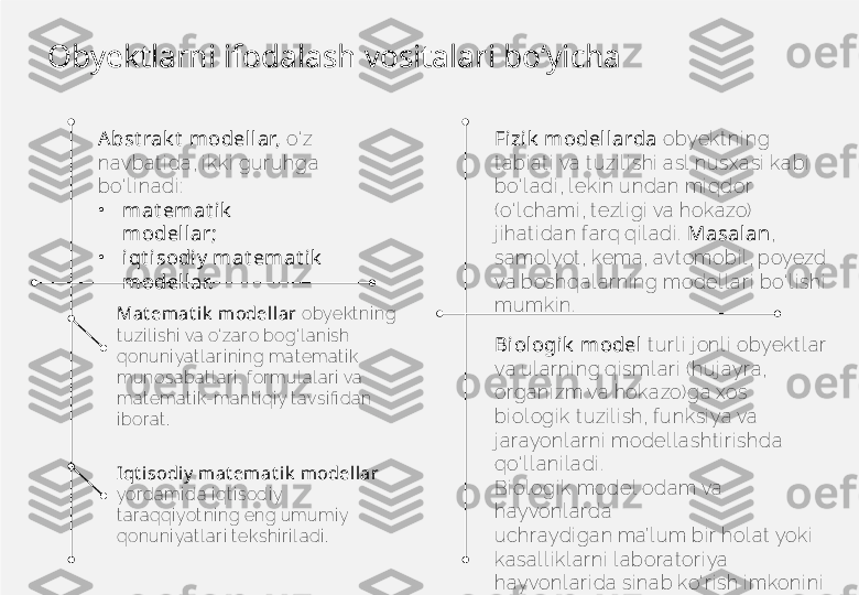 Obyektlarni ifodalash vositalari bo‘yicha
Abst rak t  modellar,  o‘ z 
navbat i da, i kk i  gur uhga 
bo‘ l i nadi :  
•
mat emat ik   
modellar;
•
iqt isodiy  mat emat ik  
modellar.
Mat emat ik  modellar  obyekt ni ng 
t uzi l i shi  va o‘ zar o bog‘ l ani sh 
qonuni yat l ar i ni ng mat emat i k 
munosabat l ar i , f or mul al ar i  va 
mat emat i k-mant i qi y t avsi fi dan 
i bor at .
Iqt isodi y  mat emat ik  modellar 
yor dami da i qt i sodi y 
t ar aqqi yot ni ng eng umumi y 
qonuni yat l ar i  t ekshi r i l adi . Fizik  model larda  obyek t ni ng 
t a bi at i  va t uzi l i shi  asl nusxasi  ka bi  
bo‘ l adi , l eki n undan mi qdor 
(o‘ l cha mi , t ezl i gi  va  hokazo)  
j i hat i dan f ar q qi l adi .   Masal an , 
sa mol yot , kema, avt omobi l , poyezd 
va boshqal ar ni ng model l ar i  bo‘ l i shi  
mumk i n.
Biologik  model  t ur l i  j onl i  obyek t l a r
va ul a r ni ng qi sml a r i  ( huj ayr a, 
or ga ni zm va hokazo) ga xos 
bi ol ogi k  t uzi l i sh, f unksi ya va 
j ar ayonl ar ni  model l a sht i r i shda  
qo‘ l l ani l adi .
Bi ol ogi k  model  oda m va 
hayvonl ar da
uchr aydi gan ma’l um bi r hol at  yok i
kasa l l i k l ar ni  l abor at or i ya 
hayvonl ar i da si nab ko‘ r i sh i mkoni ni  
ber a di . 