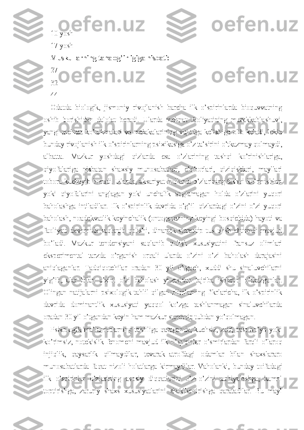 10 yosh
17 yosh
Muskullarning tana og’irligiga nisbati:
27
32
44
Odatda   biologik,   jismoniy   rivojlanish   barcha   ilk   o’spirinlarda   bioquvvatning
oshib   borishidan   dalolat   beradi.   Ularda   mehnat   faoliyatining   murakkablashuvi,
yangi mehnat  ko’nikmalari va malakalarining vujudga kelishiga olib keladi, lekin
bunday rivojlanish ilk o’spirinlarning psixikasiga o’z ta’sirini o’tkazmay qolmaydi,
albatta.   Mazkur   yoshdagi   qizlarda   esa   o’zlarining   tashqi   ko’rinishlariga,
qiyofalariga   nisbatan   shaxsiy   munosabatlari,   e’tiborlari,   qiziqishlari,   mayllari
tobora kuchayib  boradi. Ularda, aksariyat  hollarda o’zlarining tashqi  ko’rinishlari
yoki   qiyofalarini   anglagan   yoki   unchalik   anglamagan   holda   o’zlarini   yuqori
baholashga   intiladilar.   Ilk   o’spirinlik   davrida   o’g’il−qizlardagi   o’zini   o’zi   yuqori
baholash, noadekvatlik keyinchalik (ontogenezning keyingi bosqichida)  hayoti  va
faoliyati   davomida   saqlanib   qolishi,   dinamik   stereotip   tus   olish   ehtimoli   mavjud
bo’ladi.   Mazkur   tendensiyani   saqlanib   qolish   xususiyatini   fransuz   olimlari
eksperimental   tarzda   o’rganish   orqali   ularda   o’zini   o’zi   baholash   darajasini
aniqlaganlar.   Tadqiqotchilar   oradan   30   yil   o’tgach,   xuddi   shu   sinaluvchilarni
yig’ib,   ular   bilan   o’zini   o’zi   baholash   yuzasidan   tajriba   ishlarini   o’tkazganlar.
Olingan   natijalarni   psixologik   tahlil   qilgan   olimlarning   fikrlaricha,   ilk   o’spirinlik
davrida   dominantlik   xususiyati   yaqqol   ko’zga   tashlanmagan   sinaluvchilarda
oradan 30 yil o’tgandan keyin ham mazkur stereotip tubdan yo’qolmagan.
Psixologik   ma’lumotlarning   tahliliga   qaraganda,   kuchsiz,   zaif,   past   bo’yli   yoki
ko’rimsiz,   notekislik   fenomeni   mavjud   ilk   o’spirinlar   o’smirlardan   farqli   o’laroq
injiqlik,   qaysarlik   qilmaydilar,   tevarak−atrofdagi   odamlar   bilan   shaxslararo
munosabatlarda   faqat   nizoli   holatlarga   kirmaydilar.   Vaholanki,   bunday   toifadagi
ilk   o’spirinlar   o’zlarining   asosiy   diqqatlarini   o’z−o’zini   tarbiyalashga,   kamol
toptirishga,   zaruriy   shaxs   xususiyatlarini   shakllantirishga   qaratadilar.   Bu   mayl 