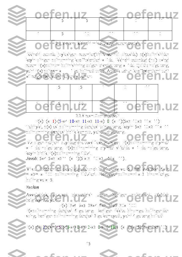 155 5 1 0 -11
1 5 10 11 11 0
2.2.7-rasm.Ikkinchi misol oxirgi raqam topish
Ikkinchi   qatorda   joylashgan   raqamlar(birlik   va   nol   o'rtasida)   p(x)bo'linishidan
keyin   olingan   polinomning   koeffitsientlari   x−1da .   Ikkinchi   qatordagi   (nol)   oxirgi
raqam   P(x)polinom bo'linishining qolgan qismiga teng   x−1da . Qoldiq nolga teng,
ya'ni  P(x) polinom   x -1 ga bo'linadi   to'liq. Aniqlik uchun koeffitsientlarni turli
xil ranglarda ajratib, natijani yozaman:
5 5 1 0 -11
1 5 10 11 11 0
2.2.8-rasm.Gorner jadvali
P(x)=(x− 1 ) ⋅ ( 5 ⋅ x 4 + 10 ⋅ x 3 + 11 ⋅ x 2 + 11 ⋅ x)+ 0 =(x−1)(5x 3 +10x 2 +11x+11)
Tabiiyki,  p(x) asl polinomning darajasi  to'rtga teng, keyin  5x 3 +10x 2 +11x+11
polinomning darajasi   birlik kamroq, ya'ni. uchga teng.
Biz olgan natijani quyidagicha tavsiflash mumkin:   P(x)polinomning qiymati
x=1   da   nolga   teng.   P(x)polinomining   qiymati   sifatida   x=1   da   nolga   teng,
keyin birlik  P(x)polinomning ildizi .
Javob :  5x 4 +5x 3 +x 2-11 =(x−1)(5 x  3 + 10 x 2  + 11x +11) .
Misol . 2 raqamlari ekanligiga ishonch hosil qiling  va  -5  .  3x 6 +9x 5-28 x 4 +6x  3 -
30
  x 2 -30
  x+100   polinomning   ildizlari .   Berilgan   polinomni   x-2   binomlariga
bo'ling   va   x+5 .
Yechim
Avvalgidek,   yozuvni   qisqartirish   uchun   berilgan   polinomni   P(x)deb
belgilaymiz , ya'ni.
P(x)=3x 6 +9x 5 −28x 4 +6x 3 −30x 2 −30x+100
P(xpolinomning   darajasi   6   ga   teng .   Berilgan   ikkita   binomga   bo'lingandan
so'ng, berilgan polinomning darajasi  2 ga kamayadi , ya'ni  4 ga teng bo'ladi
P(x)=(x− 2 ) ⋅ (x−( −5 )) ⋅ ( 3 ⋅ x 4 + 0 ⋅ x 3 + 2 ⋅ x 2 + 0 ⋅ x+( −10 ))=(x−2)(x+5)(3x 4 +2x 2 −10) 