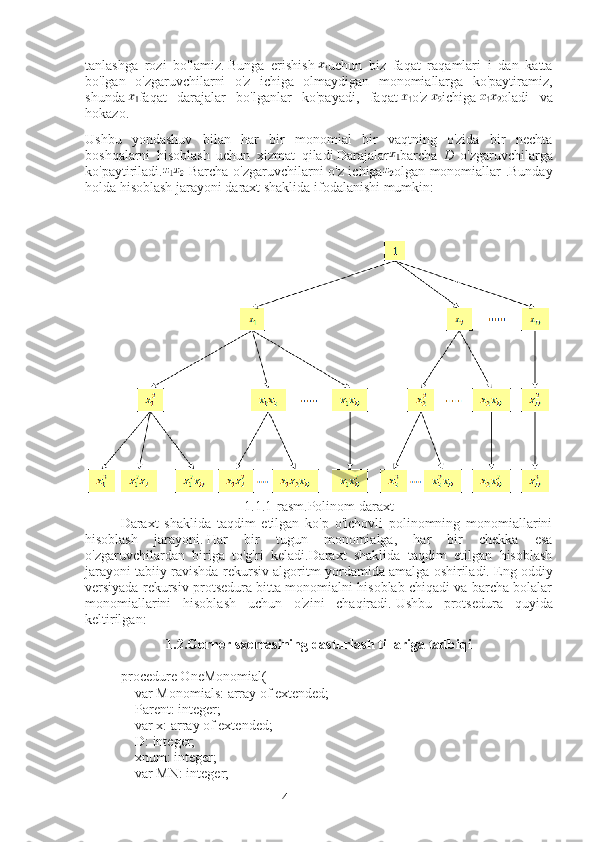 4tanlashga   rozi   bo'lamiz.   Bunga   erishish   uchun   biz   faqat   raqamlari   i   dan   katta
bo'lgan   o'zgaruvchilarni   o'z   ichiga   olmaydigan   monomiallarga   ko'paytiramiz,
shunda   faqat   darajalar   bo'lganlar   ko'payadi,   faqat   o'z   ichiga   oladi   va
hokazo.
Ushbu   yondashuv   bilan   har   bir   monomial   bir   vaqtning   o'zida   bir   nechta
boshqalarni   hisoblash   uchun   xizmat   qiladi.Darajalar barcha   D   o'zgaruvchilarga
ko'paytiriladi.   Barcha o'zgaruvchilarni o'z ichiga olgan monomiallar .Bunday
holda hisoblash jarayoni daraxt shaklida ifodalanishi mumkin:
1.1.1-rasm.Polinom daraxt
Daraxt   shaklida   taqdim   etilgan   ko'p   o'lchovli   polinomning   monomiallarini
hisoblash   jarayoni.   Har   bir   tugun   monomialga,   har   bir   chekka   esa
o'zgaruvchilardan   biriga   to'g'ri   keladi.Daraxt   shaklida   taqdim   etilgan   hisoblash
jarayoni tabiiy ravishda rekursiv algoritm yordamida amalga oshiriladi.   Eng oddiy
versiyada rekursiv protsedura bitta monomialni hisoblab chiqadi va barcha bolalar
monomiallarini   hisoblash   uchun   o'zini   chaqiradi.   Ushbu   protsedura   quyida
keltirilgan:
1.2.Gorner sxemasining dasturlash tillariga tadbiqi
procedure OneMonomial(
        var Monomials: array of extended; 
        Parent: integer;
        var x: array of extended;
        D: integer;
        xnum: integer;
        var MN: integer; 