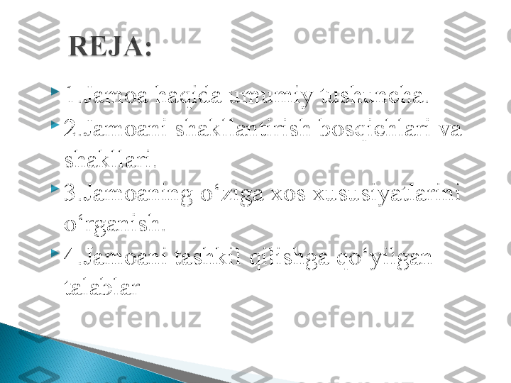 
1.Jamoa haqida umumiy tushuncha.

2.Jamoani   shakllantirish   bosqichlari   va 
shakllari.

3.Jamoaning   o‘ziga   xos   xususiyatlarini  
o‘rganish.

4.Jamoani tashkil qilishga qo‘yilgan 
talablar  