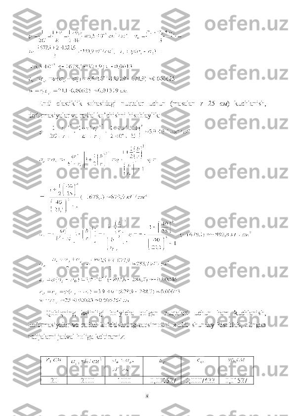 Endi   elastiklik   sohasidagi   nuqtalar   uchun   (masalan   r=25   см )   kuchlanish,
deformasiyalar va radial ko’chishni hisoblaylik:
Qobiqning   kalinligi   bo‘yicha   qolgan   nuqtalari   uchun   ham   kuchlanish,
deformasiyalar   va   radial   ko‘chishning   taqsimotini   xuddi   shunday   hisoblab,   olingan
natijalarni jadval holiga keltiramiz:
20 -2000 1000 -0,001527 0,0007633 0,01527
8 