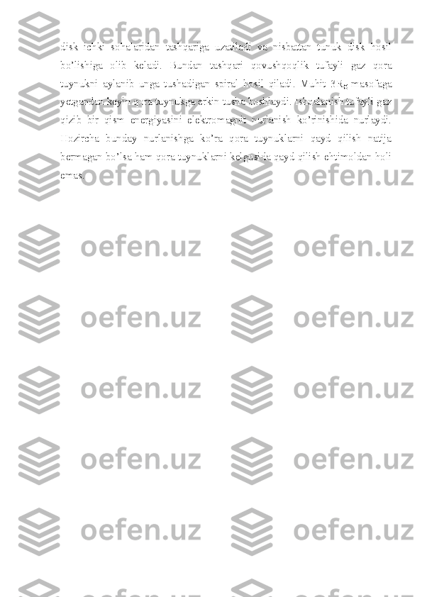 disk   ichki   sohalaridan   tashqariga   uzatiladi   va   nisbattan   tunuk   disk   hosil
bo’lishiga   olib   keladi.   Bundan   tashqari   qovushqoqlik   tufayli   gaz   qora
tuynukni   aylanib   unga   tushadigan   spiral   hosil   qiladi.   Muhit   3R
g   masofaga
yetgandan keyin qora tuynukga erkin tusha boshlaydi. Ishqalanish tufayli gaz
qizib   bir   qism   energiyasini   elektromagnit   nurlanish   ko’rinishida   nurlaydi.
Hozircha   bunday   nurlanishga   ko’ra   qora   tuynuklarni   qayd   qilish   natija
bermagan bo’lsa ham qora tuynuklarni kelgusida qayd qilish ehtimoldan holi
emas. 
