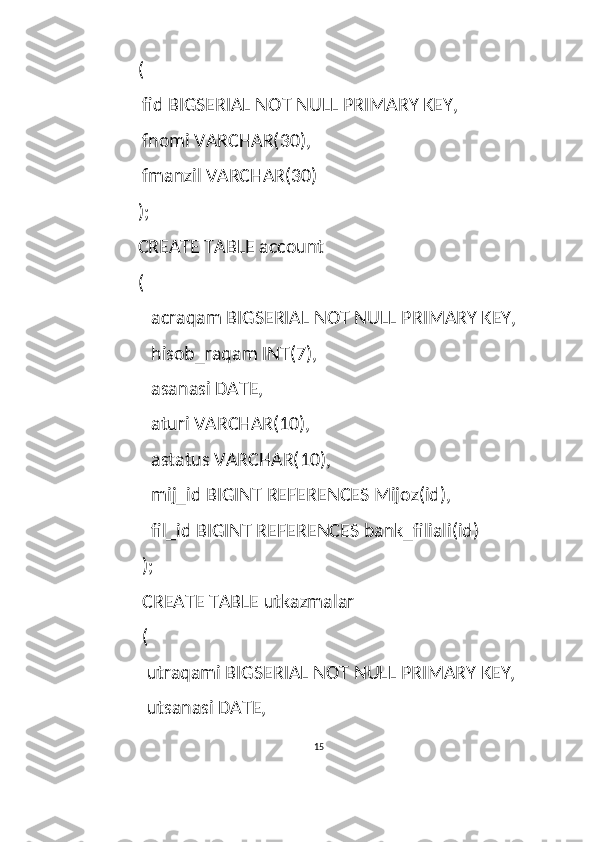    (
    fid BIGSERIAL NOT NULL PRIMARY KEY,
    fnomi VARCHAR(30),
    fmanzil VARCHAR(30)
   );
   CREATE TABLE account
   (
      acraqam BIGSERIAL NOT NULL PRIMARY KEY,
      hisob_raqam INT(7),
      asanasi DATE,
      aturi VARCHAR(10),
      astatus VARCHAR(10),
      mij_id BIGINT REFERENCES Mijoz(id),
      fil_id BIGINT REFERENCES bank_filiali(id)
    );
    CREATE TABLE utkazmalar
    (   
     utraqami BIGSERIAL NOT NULL PRIMARY KEY,
     utsanasi DATE,
15  
  