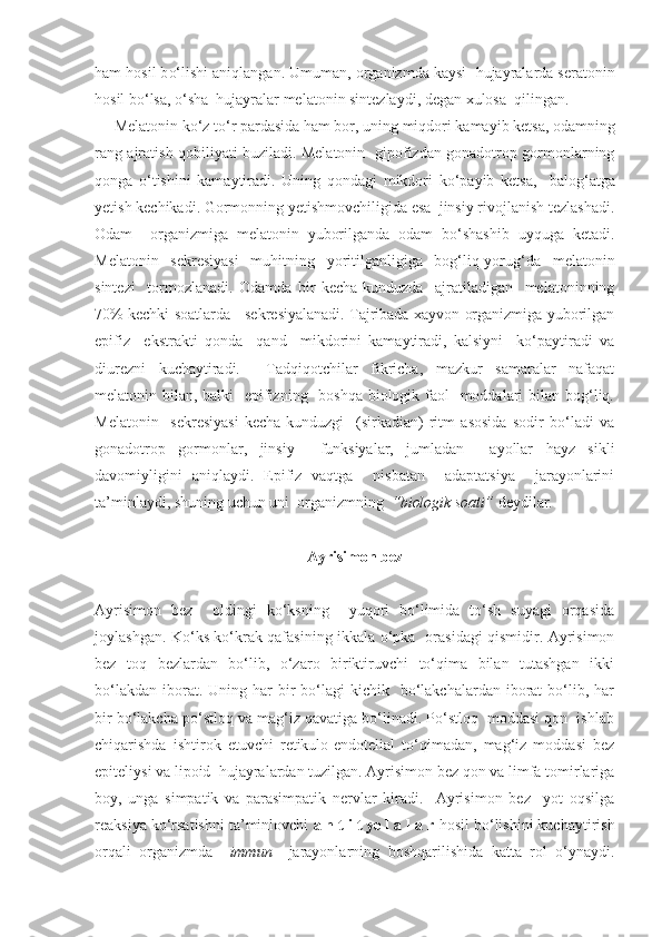 h am  h osil b o‘ lishi ani q langan. Umuman, organizmda kaysi    h ujayralarda seratonin
h osil b o‘ lsa,  o‘ sha   h ujayralar melatonin sintezlaydi, degan xulosa   q ilingan.
     Melatonin k o‘ z t o‘ r pardasida  h am bor,   uning mi q dori kamayib ketsa, odamning
rang ajratish   q obiliyati buziladi. Melatonin   gipofizdan gonadotrop gormonlarning
q onga   o‘ tishini   kamaytiradi.   Uning   q ondagi   mikdori   k o‘ payib   ketsa ,     balo g‘ atga
yetish kechikadi.  Gormonning yetishmovchiligida esa  jinsiy rivojlanish tezlashadi.
Odam     organizmiga   melatonin   yuborilganda   odam   bo‘shashib   uyquga   ketadi.
Melatonin   sekresiyasi   muhitning   yoritilganligiga   bog‘liq-yorug‘da   melatonin
sintezi     tormozlanadi.   Odamda   bir   kecha-kunduzda     ajratiladigan     melatoninning
70% kechki soatlarda     sekresiyalanadi. Tajribada xayvon organizmiga yuborilgan
epifiz     ekstrakti   qonda     qand     mikdorini   kamaytiradi,   kalsiyni     ko‘paytiradi   va
diurezni   kuchaytiradi.     Tadqiqotchilar   fikricha,   mazkur   samaralar   nafaqat
melatonin bilan, balki   epifizning   boshqa  biologik faol   moddalari  bilan bog‘liq.
Melatonin     sekresiyasi   kecha-kunduzgi     (sirkadian)   ritm   asosida   sodir   bo‘ladi   va
gonadotrop   gormonlar,   jinsiy     funksiyalar,   jumladan     ayollar   hayz   sikli
davomiyligini   aniqlaydi.   Epifiz   vaqtga     nisbatan     adaptatsiya     jarayonlarini
ta’minlaydi, shuning uchun uni  organizmning   “biologik soati”  deydilar.
Ayrisimon bez
Ayrisimon   bez     oldingi   ko‘ksning     yuqori   bo‘limida   to‘sh   suyagi   orqasida
joylashgan. Ko‘ks ko‘krak qafasining ikkala o‘pka   orasidagi qismidir. Ayrisimon
bez   toq   bezlardan   bo‘lib,   o‘zaro   biriktiruvchi   to‘qima   bilan   tutashgan   ikki
bo‘lakdan  iborat. Uning  har   bir   bo‘lagi  kichik   bo‘lakchalardan iborat  bo‘lib, har
bir bo‘lakcha po‘stloq va mag‘iz qavatiga bo‘linadi. Po‘stloq  moddasi qon  ishlab
chiqarishda   ishtirok   etuvchi   retikulo-endotelial   to‘qimadan,   mag‘iz   moddasi   bez
epiteliysi va lipoid  hujayralardan tuzilgan. Ayrisimon bez qon va limfa tomirlariga
boy,   unga   simpatik   va   parasimpatik   nervlar   kiradi.     Ayrisimon   bez     yot   oqsilga
reaksiya ko‘rsatishni ta’minlovchi  a n t i t ye l a l a r  hosil bo‘lishini kuchaytirish
orqali   organizmda     immun     jarayonlarning   boshqarilishida   katta   rol   o‘ynaydi. 