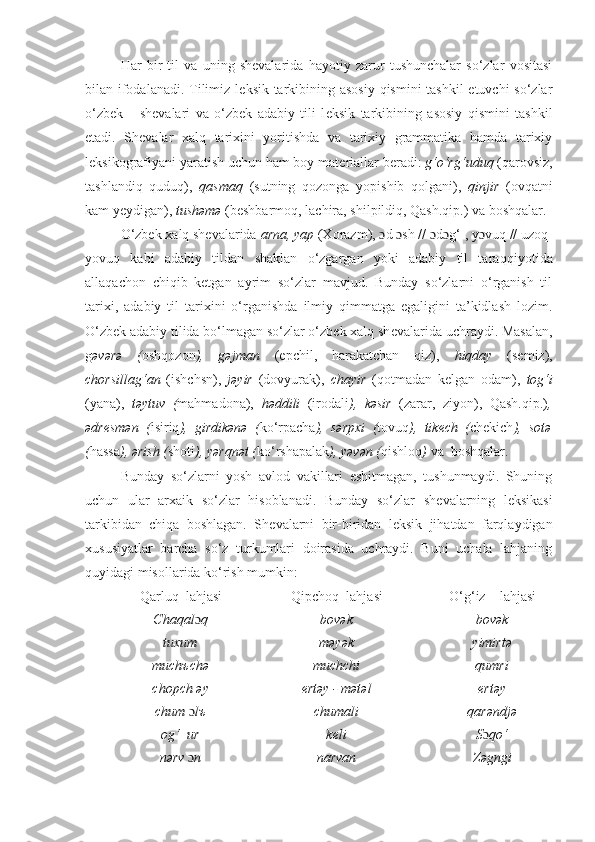 Har   bir   til   va   uning   shevalarida   hayotiy   zarur   tushunchalar   so‘zlar   vositasi
bilan ifodalanadi. Tilimiz l е ksik tarkibining asosiy qismini tashkil  etuvchi  so‘zlar
o‘zbek       sh е valari   va   o‘zbek   adabiy   tili   l е ksik   tarkibining   asosiy   qismini   tashkil
etadi.   Sh е valar   xalq   tarixini   yoritishda   va   tarixiy   grammatika   hamda   tarixiy
l е ksikografiyani yaratish uchun ham boy mat е riallar b е radi:  g‘o‘rg‘uduq  (qarovsiz,
tashlandiq   quduq),   qasmaq   (sutning   qozonga   yopishib   qolgani),   qinjir   (ovqatni
kam yeydigan),  tushəmə  (beshbarmoq, lachira, shilpildiq, Qash.qip.) va boshqalar.
O‘zbek xalq shеvalarida  arna, yap  (Xorazm),  ɔ d  ɔ sh //  ɔ d ɔ g‘  , y ɔ vu q  // uzo q -
yovu q   kabi   adabiy   tildan   shaklan   o‘zgargan   yoki   adabiy   til   tara qq iyotida
allaqachon   chiqib   kеtgan   ayrim   so‘zlar   mavjud.   Bunday   so‘zlarni   o‘rganish   til
tarixi,   adabiy   til   tarixini   o‘rganishda   ilmiy   qimmatga   egaligini   ta’kidlash   lozim.
O‘zbek adabiy tilida bo‘lmagan so‘zlar o‘zbek xalq sh е valarida uchraydi. Masalan,
g əvərə   ( oshqozon ),   gəjman   (epchil,   harakatchan   qiz),   hiqday   (semiz),
chorsillag‘an   (ishchsn),   jəyir   (dovyurak),   chayir   (qotmadan   kelgan   odam),   tog‘i
(yana),   təytuv   ( mahmadona),   həddili   (irodali ),   kəsir   (zarar,   ziyon),   Qash.qip.) ,
ədr е smən   ( isiriq ),   girdikənə   ( ko‘rpacha ),   sərpxi   ( tovuq ),   tikech   ( ch е kich ),   sotə
( hassa ), ərish ( shoti ), yərqnət ( ko‘rshapalak ), yəvən ( qishloq )  va  boshqalar. 
Bunday   so‘zlarni   yosh   avlod   vakillari   eshitmagan,   tushunmaydi.   Shuning
uchun   ular   arxaik   so‘zlar   hisoblanadi.   Bunday   so‘zlar   sh е valarning   l е ksikasi
tarkibidan   chiqa   boshlagan.   Sh е valarni   bir-biridan   l е ksik   jihatdan   farqlaydigan
xususiyatlar   barcha   so‘z   turkumlari   doirasida   uchraydi.   Buni   uchala   lahjaning
quyidagi misollarida ko‘rish mumkin:
Qarluq  lahjasi Qipchoq  lahjasi O‘g‘iz    lahjasi
Chaqal ɔ q bov ə k bov ə k
tuxum m ə y ə k yimirt ə
muchъch ə muchchi qumri
chopch  ə y е rt ə y - m ə t ə l ert ə y
chum  ɔ lъ chumali qar ə ndj ə
og‘  ur k е li S ɔ qo‘
n ə rv  ɔ n narvan Z ə gngi 