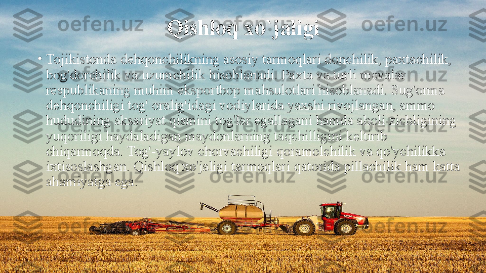 Qishloq xo`jaligi
•
Tojikistonda dehqonchilikning asosiy tarmoqlari donchilik, paxtachilik, 
bog'dorchilik va uzumchilik hisoblanadi. Paxta va turli mevalar 
respublikaning muhim eksportbop mahsulotlari hisoblanadi. Sug'orma 
dehqonchiligi tog' oralig'idagi vodiylarida yaxshi rivojlangan, ammo 
hududining aksariyat qismini tog'lar egallagani hamda aholi zichligining 
yuqoriligi haydaladigan maydonlarning taqchilligini keltirib 
chiqarmoqda. Tog'-yaylov chorvachiligi qoramolchilik va qo'ychilikka 
ixtisoslashgan. Qishloq xo'jaligi tarmoqlari qatorida pillachilik ham katta 
ahamiyatga ega. 