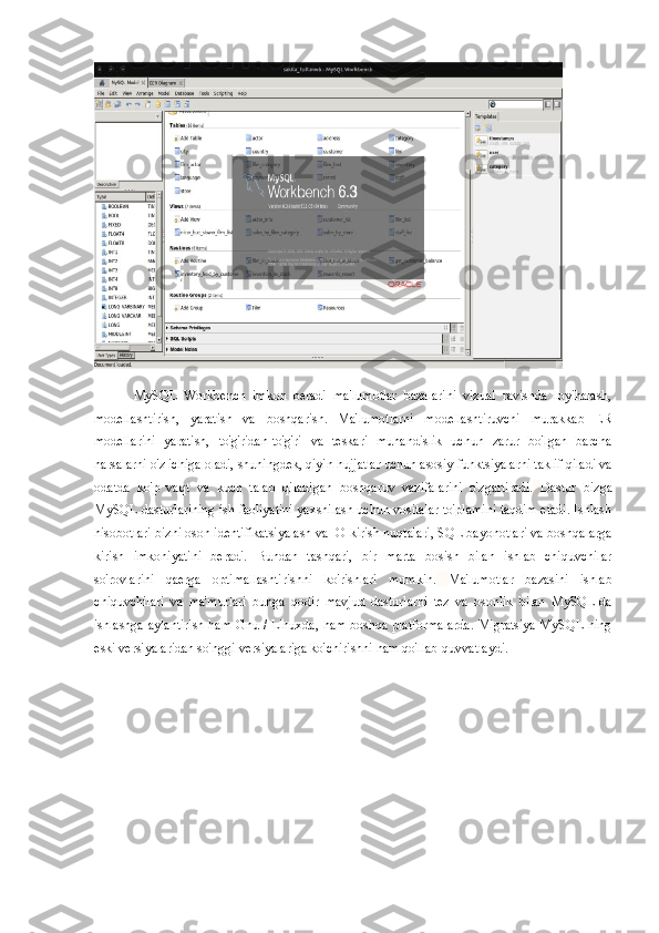 MySQL   Workbench   imkon   beradi   ma'lumotlar   bazalarini   vizual   ravishda   loyihalash,
modellashtirish,   yaratish   va   boshqarish .   Ma'lumotlarni   modellashtiruvchi   murakkab   ER
modellarini   yaratish,   to'g'ridan-to'g'ri   va   teskari   muhandislik   uchun   zarur   bo'lgan   barcha
narsalarni o'z ichiga oladi, shuningdek, qiyin hujjatlar uchun asosiy funktsiyalarni taklif qiladi va
odatda   ko'p   vaqt   va   kuch   talab   qiladigan   boshqaruv   vazifalarini   o'zgartiradi.   Dastur   bizga
MySQL dasturlarining ish faoliyatini yaxshilash uchun vositalar to'plamini taqdim etadi. Ishlash
hisobotlari bizni oson identifikatsiyalash va IO kirish nuqtalari, SQL bayonotlari va boshqalarga
kirish   imkoniyatini   beradi.   Bundan   tashqari,   bir   marta   bosish   bilan   ishlab   chiquvchilar
so'rovlarini   qaerga   optimallashtirishni   ko'rishlari   mumkin.   Ma'lumotlar   bazasini   ishlab
chiquvchilari   va   ma'murlari   bunga   qodir   mavjud   dasturlarni   tez   va   osonlik   bilan   MySQL-da
ishlashga aylantirish   ham Gnu / Linuxda, ham boshqa platformalarda. Migratsiya MySQL-ning
eski versiyalaridan so'nggi versiyalariga ko'chirishni ham qo'llab-quvvatlaydi. 