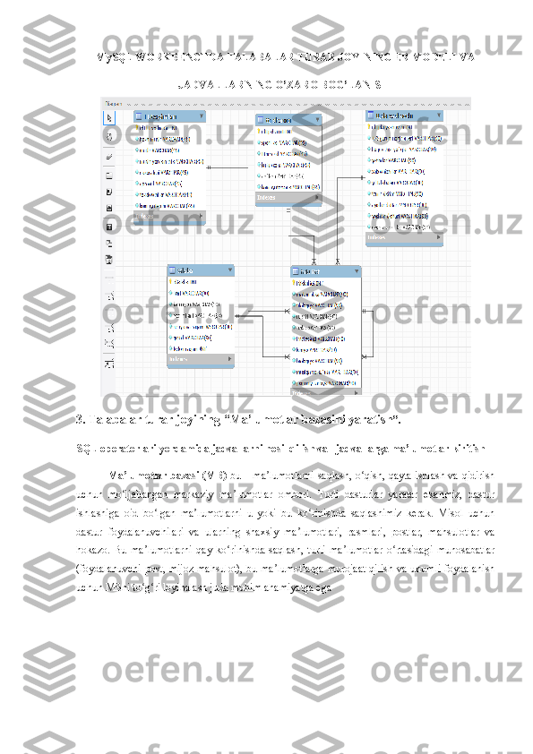 MySQL WORKBENCHDA TALABALAR TURAR JOYINING ER MODELI VA
JADVALLARNING O’ZARO BOG’LANISHI
3. Talabalar turar joyining “Ma’lumotlar bazasini yaratish ”.
SQL operatorlari yordamida jadvallarni hosil qilish va   jadvallarga ma’lumotlar kiritish
Ma lumotlar bazasi (MB)ʼ   bu – ma lumotlarni saqlash, o qish, qayta ishlash va qidirish	ʼ ʻ
uchun   mo ljallangan   markaziy   ma lumotlar   ombori.   Turli   dasturlar   yaratar   ekanmiz,   dastur	
ʻ ʼ
ishlashiga   oid   bo lgan   ma lumotlarni   u   yoki   bu   ko rinishda   saqlashimiz   kerak.   Misol   uchun	
ʻ ʼ ʻ
dastur   foydalanuvchilari   va   ularning   shaxsiy   ma lumotlari,   rasmlari,   postlar,   mahsulotlar   va	
ʼ
hokazo.   Bu   ma lumotlarni   qay   ko rinishda   saqlash,   turli   ma lumotlar   o rtasidagi   munosabatlar	
ʼ ʻ ʼ ʻ
(foydalanuvchi-post, mijoz-mahsulot), bu ma lumotlarga murojaat qilish va unumli foydalanish	
ʼ
uchun MBni to g ri loyihalash juda muhim ahamiyatga ega	
ʻ ʻ 