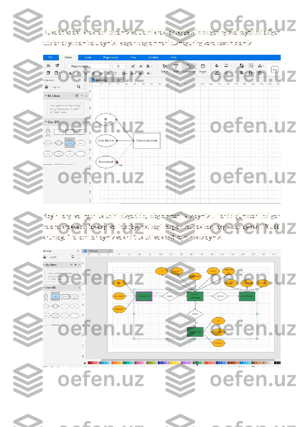 Bu safar kerakli shakllarni tortamiz va ularni shakllar ustiga olib borganingizda paydo bo'ladigan
tutqichlar yordamida ulaymiz. Istagan diagrammani tuzmaguningizcha davom etamiz
Keyin   rang   va   matn   uslubini   o'zgartirib,   diagrammani   sozlaymiz   .   Tahrir   qilmoqchi   bo'lgan
barcha   shakllarni   tanlang   va   interfeys   ostidagi   ranglar   palitrasidan   rangni   tanlaymiz.     Xuddi
shunday, filiallarni tanlaymiz va shrift uslubi va shrift hajmini sozlaymiz. 