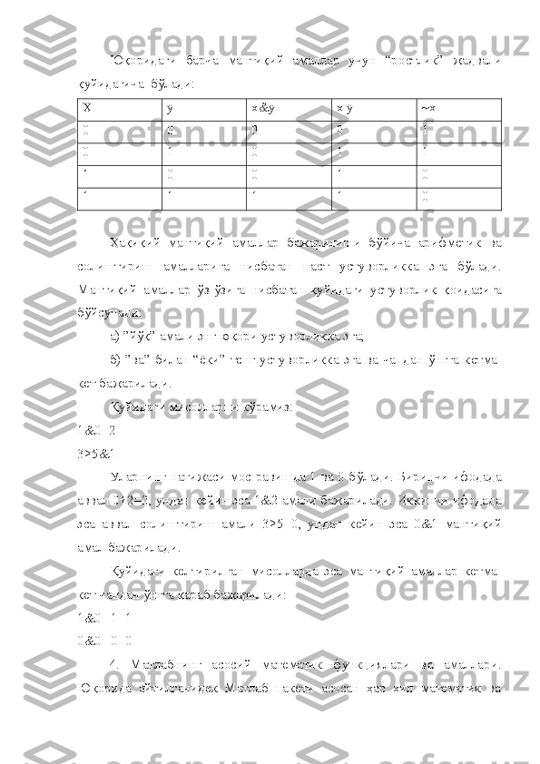 Ю қ оридаги   барча   манти қ ий   амаллар   учун   “ро ст лик”   жадвали
қ уйидагича  б ў лади:
X y x&y x|y ~x
0 0 0 0 1
0 1 0 1 1
1 0 0 1 0
1 1 1 1 0
Ҳ а қ и қ ий   манти қ ий   амаллар   бажарилиши   б ў йича   арифметик   ва
солиштириш   амалларига   нисбатан   па ст   у ст уворликка   эга   б ў лади.
Манти қ ий   амаллар   ў з- ў зига   нисбатан   қ уйидаги   у ст уворлик   қ оидасига
б ў йсунади:
а) ” йўқ ” амали энг ю қ ори у ст уворликка эга;
б) ”ва” билан “ёки” тенг у ст уворликка эга ва чапдан   ў нгга кетма-
кет бажарилади.
Қ уйидаги мисолларни к ў рамиз:
1&0+2
3>5&1
Уларнинг натижаси мос равишда 1 ва 0 б ў лади. Биринчи ифодада
аввал 0+2=2, ундан кейин эса 1&2 амали бажарилади. Иккинчи ифодада
эса   аввал   солиштириш   амали   3>5=0,   ундан   кейин   эса   0&1   манти қ ий
амал бажарилади.
Қ уйидаги   келтирилган   мисолларда   эса   манти қ ий   амаллар   кетма-
кет чапдан  ў нгга  қ араб бажарилади:
1&0 | 1=1
0&0 | 0=0 
4.   Матлабнинг   асосий   математик   функциялари   ва   амаллари.
Юқорида   айтилганидек   Матлаб   пакети   асосан   ҳар   хил   математик   ва 