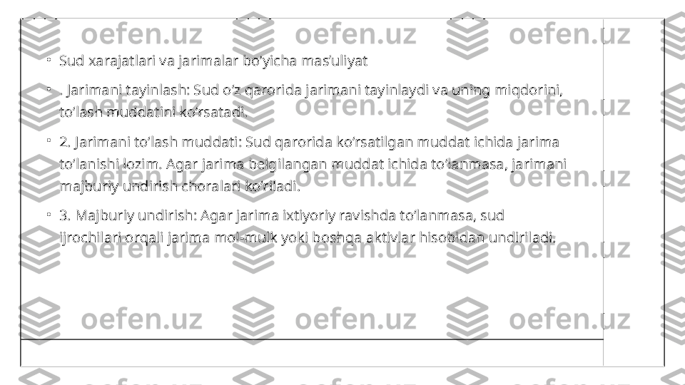 •
Sud xarajatlari va jarimalar bo‘yicha mas’uliyat
•
. Jarimani tayinlash: Sud o‘z qarorida jarimani tayinlaydi va uning miqdorini, 
to‘lash muddatini ko‘rsatadi.
•
2. Jarimani to‘lash muddati: Sud qarorida ko‘rsatilgan muddat ichida jarima 
to‘lanishi lozim. Agar jarima belgilangan muddat ichida to‘lanmasa, jarimani 
majburiy undirish choralari ko‘riladi.
•
3. Majburiy undirish: Agar jarima ixtiyoriy ravishda to‘lanmasa, sud 
ijrochilari orqali jarima mol-mulk yoki boshqa aktivlar hisobidan undiriladi. 