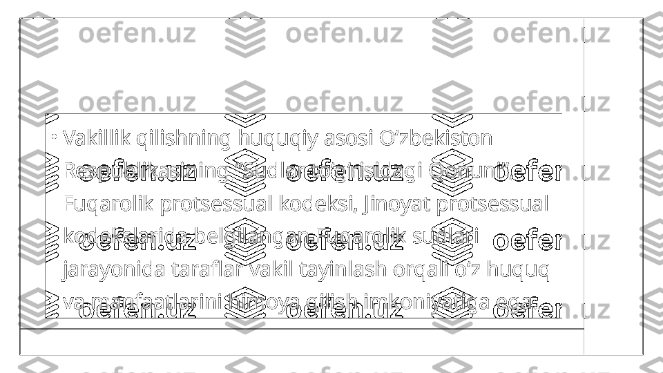 •
Vakillik qilishning huquqiy asosi O‘zbekiston 
Respublikasining “Sudlar to‘g‘risidagi Qonuni”, 
Fuqarolik protsessual kodeksi, Jinoyat protsessual 
kodekslarida belgilangan.Fuqarolik sudlari 
jarayonida taraflar vakil tayinlash orqali o‘z huquq 
va manfaatlarini himoya qilish imkoniyatiga ega. 