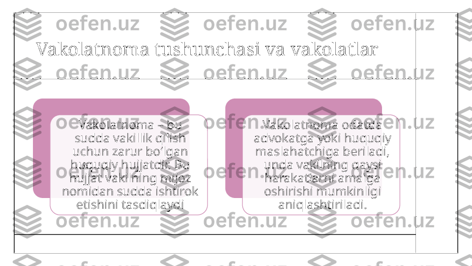 Vakolatnoma tushunchasi va vakolatlar
Vakolatnoma – bu 
sudda vakillik qilish 
uchun zarur bo‘lgan 
huquqiy hujjatdir. Bu 
hujjat vakilning mijoz 
nomidan sudda ishtirok 
etishini tasdiqlaydi Vakolatnoma odatda 
advokatga yoki huquqiy 
maslahatchiga beriladi, 
unda vakilning qaysi 
harakatlarni amalga 
oshirishi mumkinligi 
aniqlashtiriladi.   